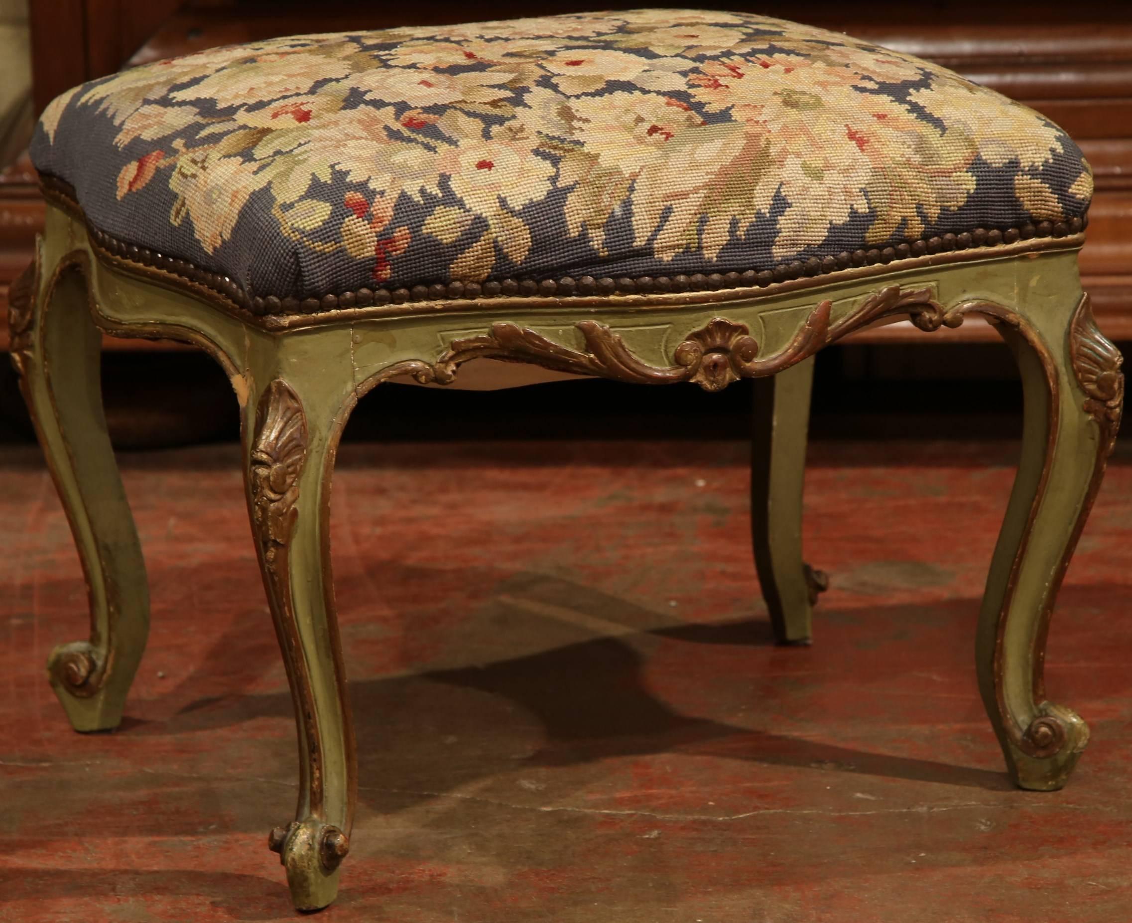 Pair of 19th Century French Carved and Painted Stools with Needlepoint Tapestry In Excellent Condition In Dallas, TX