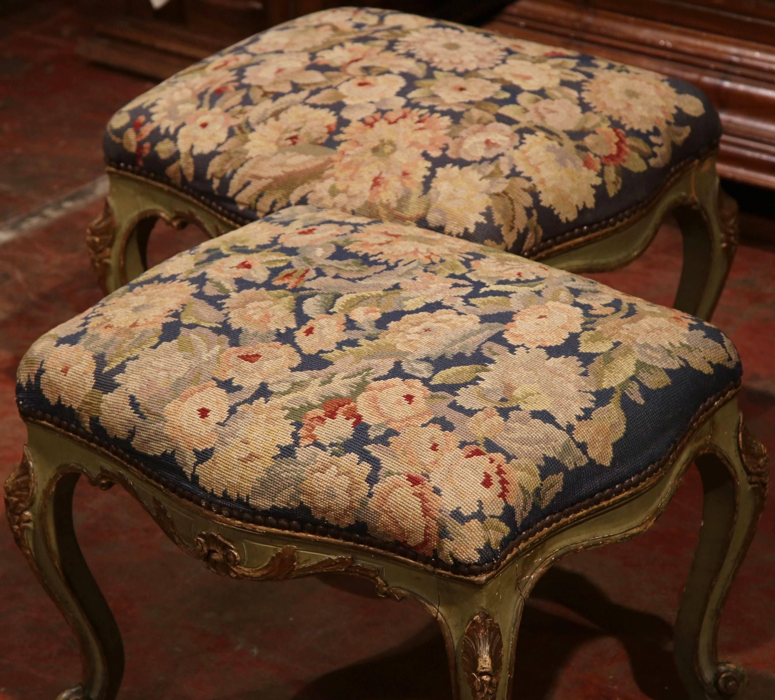 Louis XV Pair of 19th Century French Carved and Painted Stools with Needlepoint Tapestry