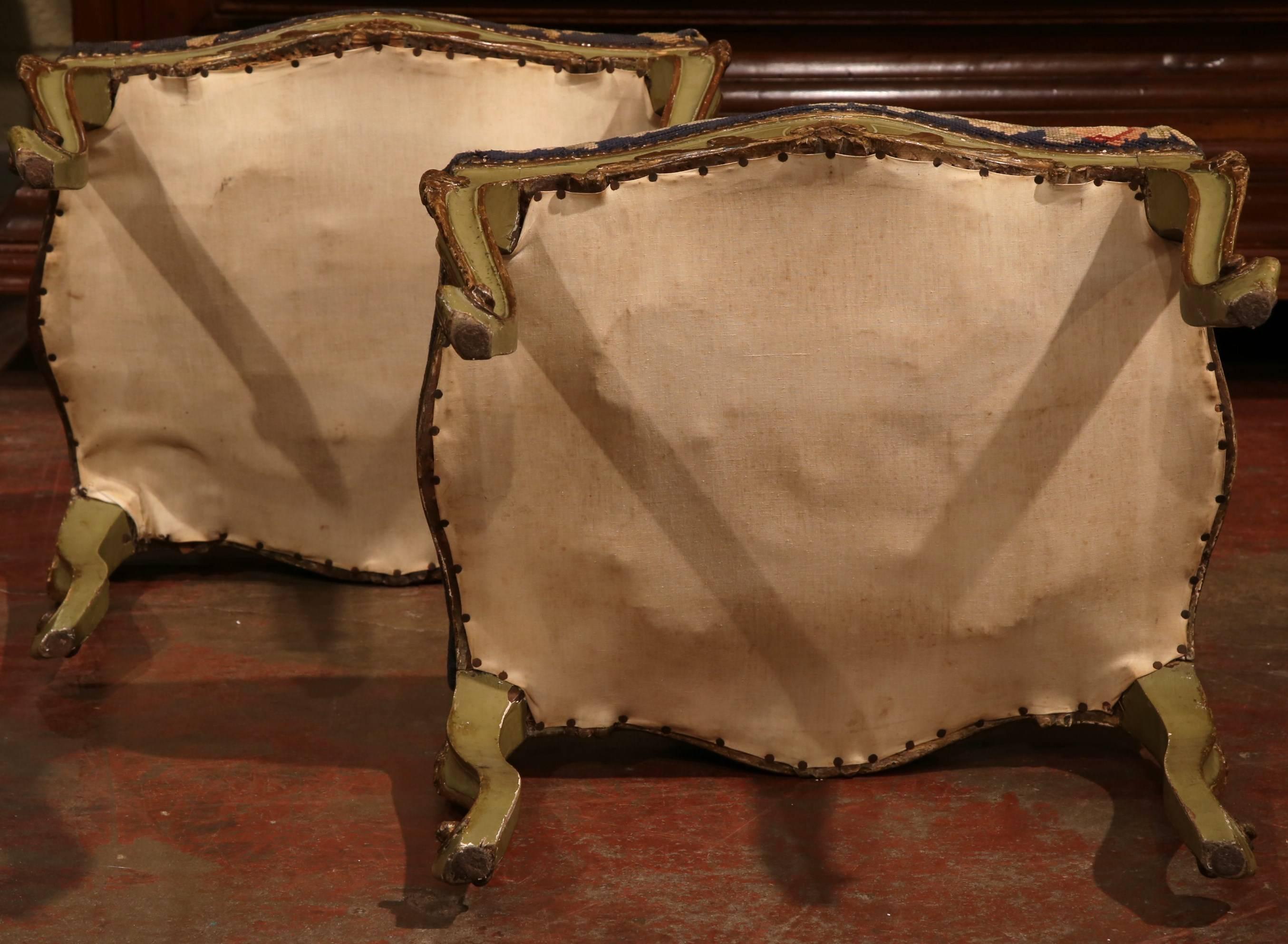 Pair of 19th Century French Carved and Painted Stools with Needlepoint Tapestry 2