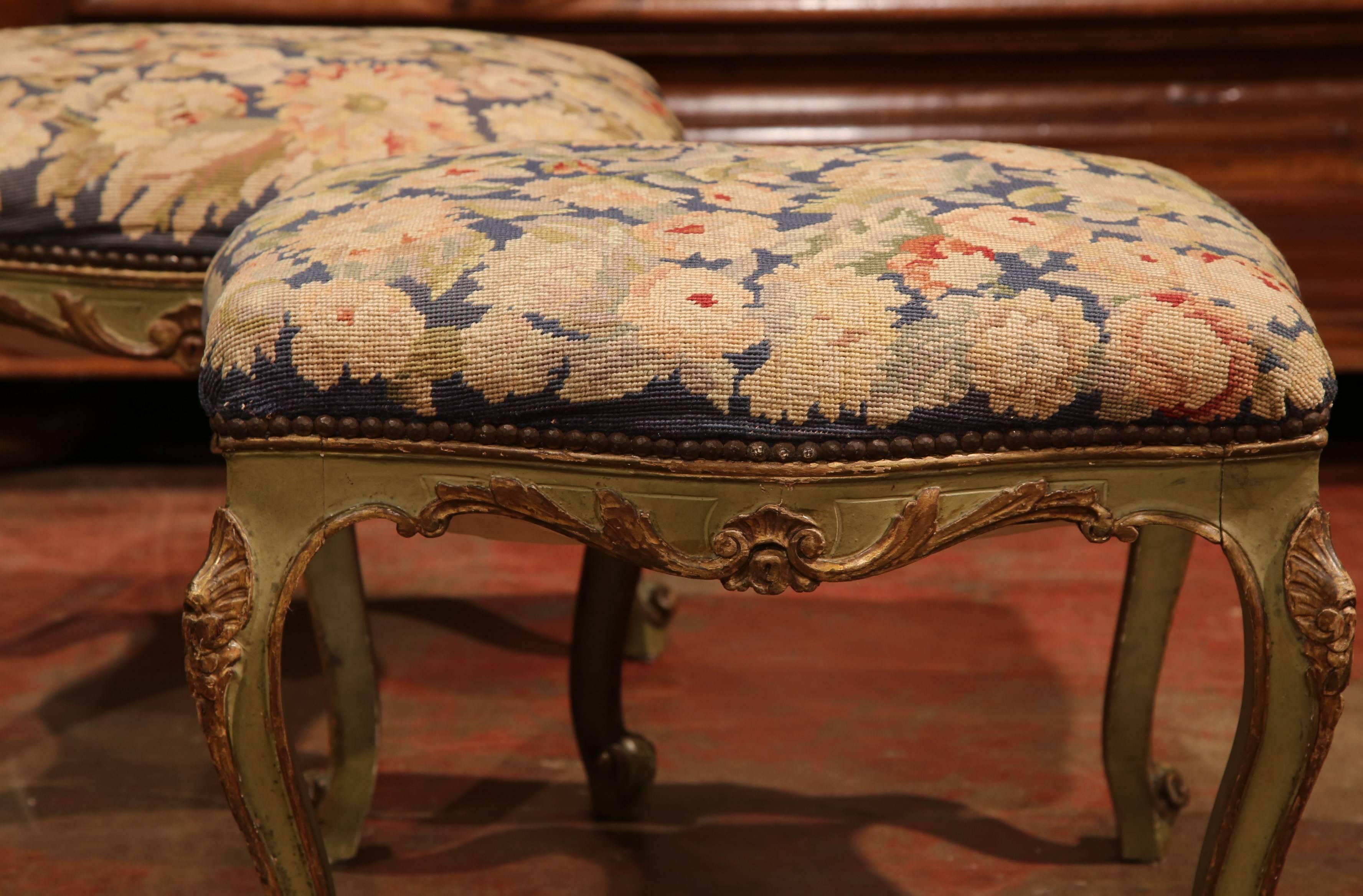 Hand-Woven Pair of 19th Century French Carved and Painted Stools with Needlepoint Tapestry