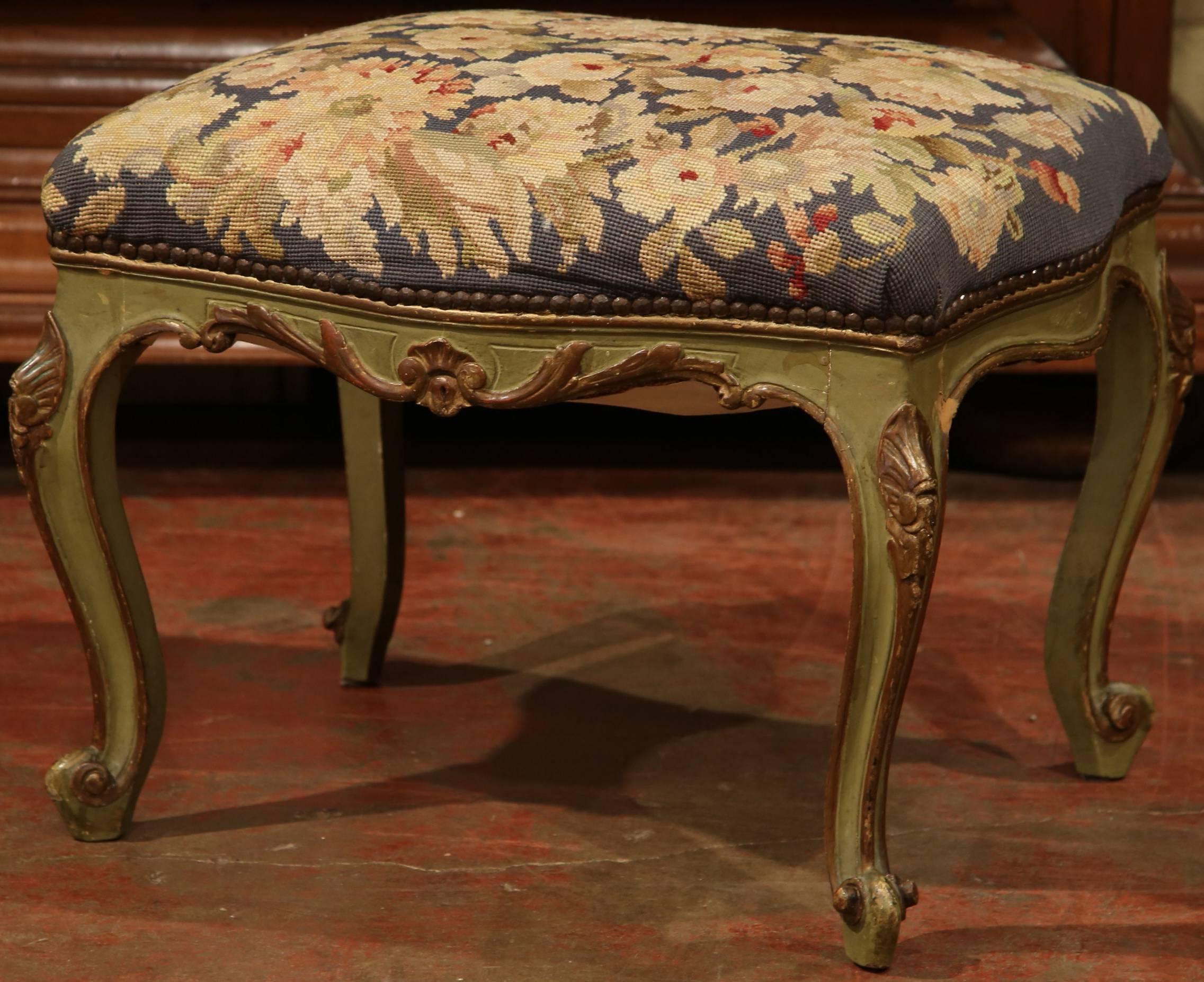 Pair of 19th Century French Carved and Painted Stools with Needlepoint Tapestry 1