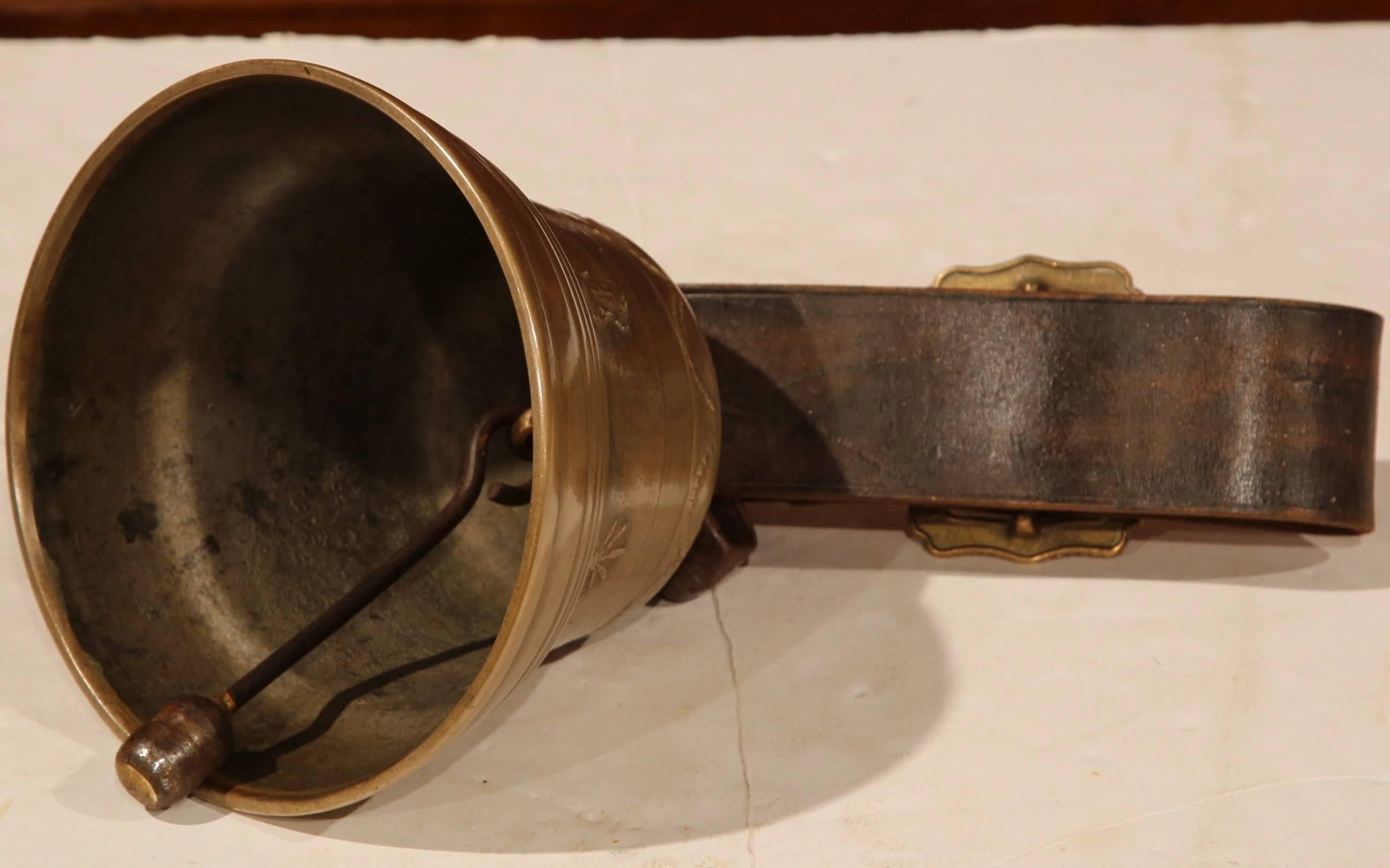 Hand-Crafted 19th Century French Signed Bronze Cow Bell with Original Leather Strap & Buckle
