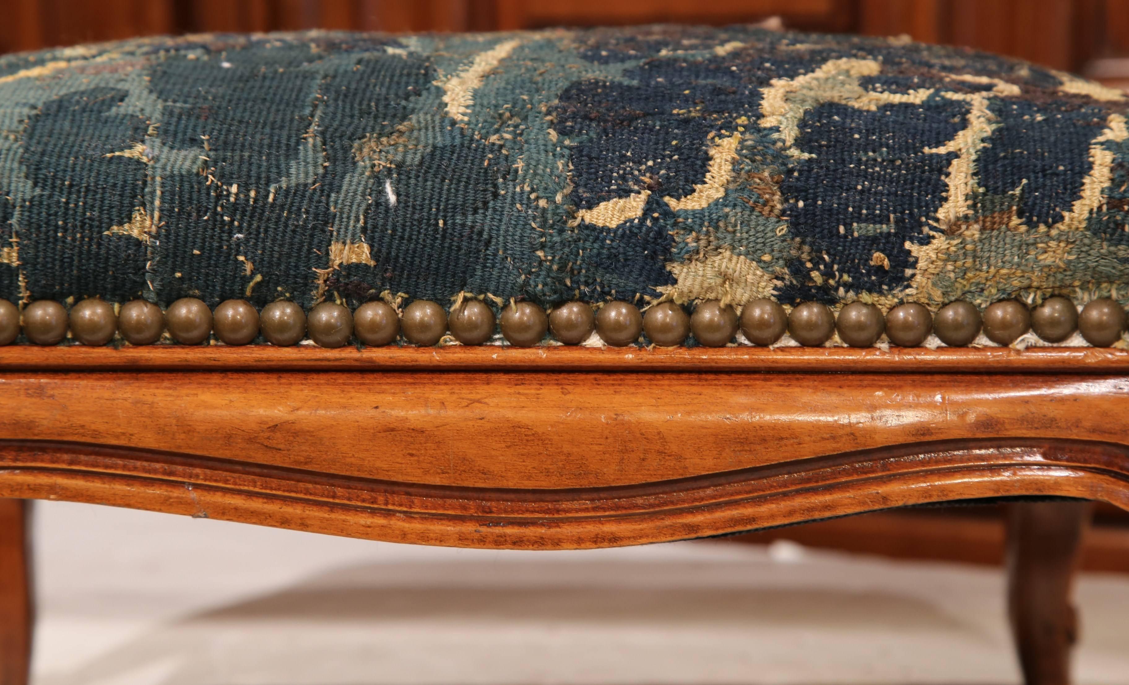 19th Century French Louis XV Carved Walnut Foot Stool with Aubusson Tapestry 1