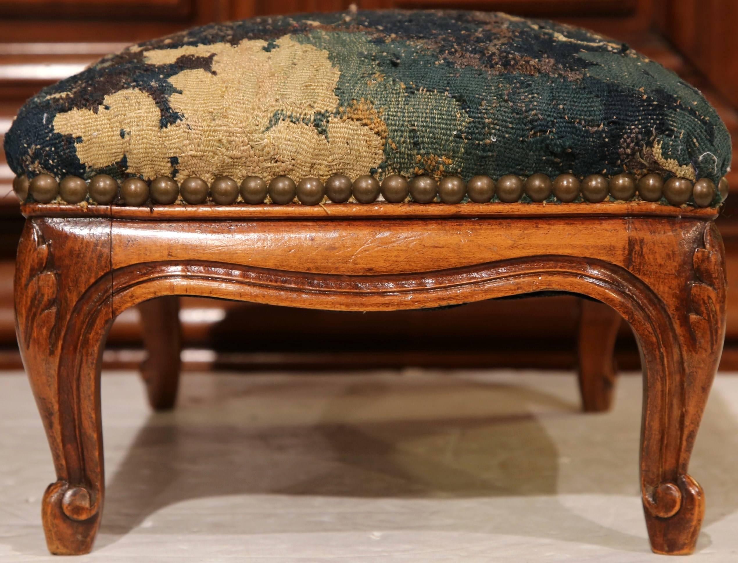 19th Century French Louis XV Carved Walnut Foot Stool with Aubusson Tapestry 2