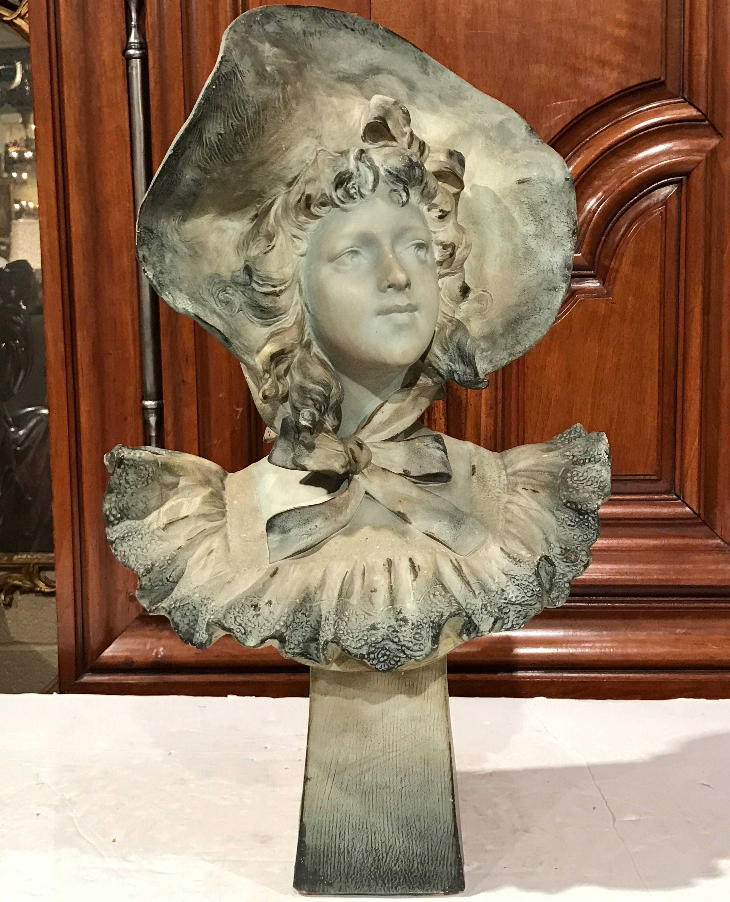 Hand-Carved 19th Century, Italian, Patinated Terracotta Bust of a Young Beauty Signed Lajoin