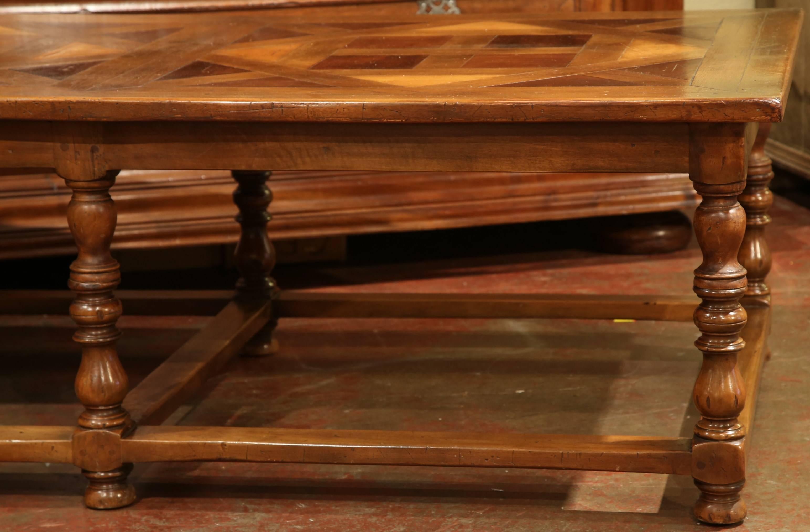 Large French, Six-Legged and Stretcher Walnut Coffee Table with Parquet Top In Excellent Condition In Dallas, TX