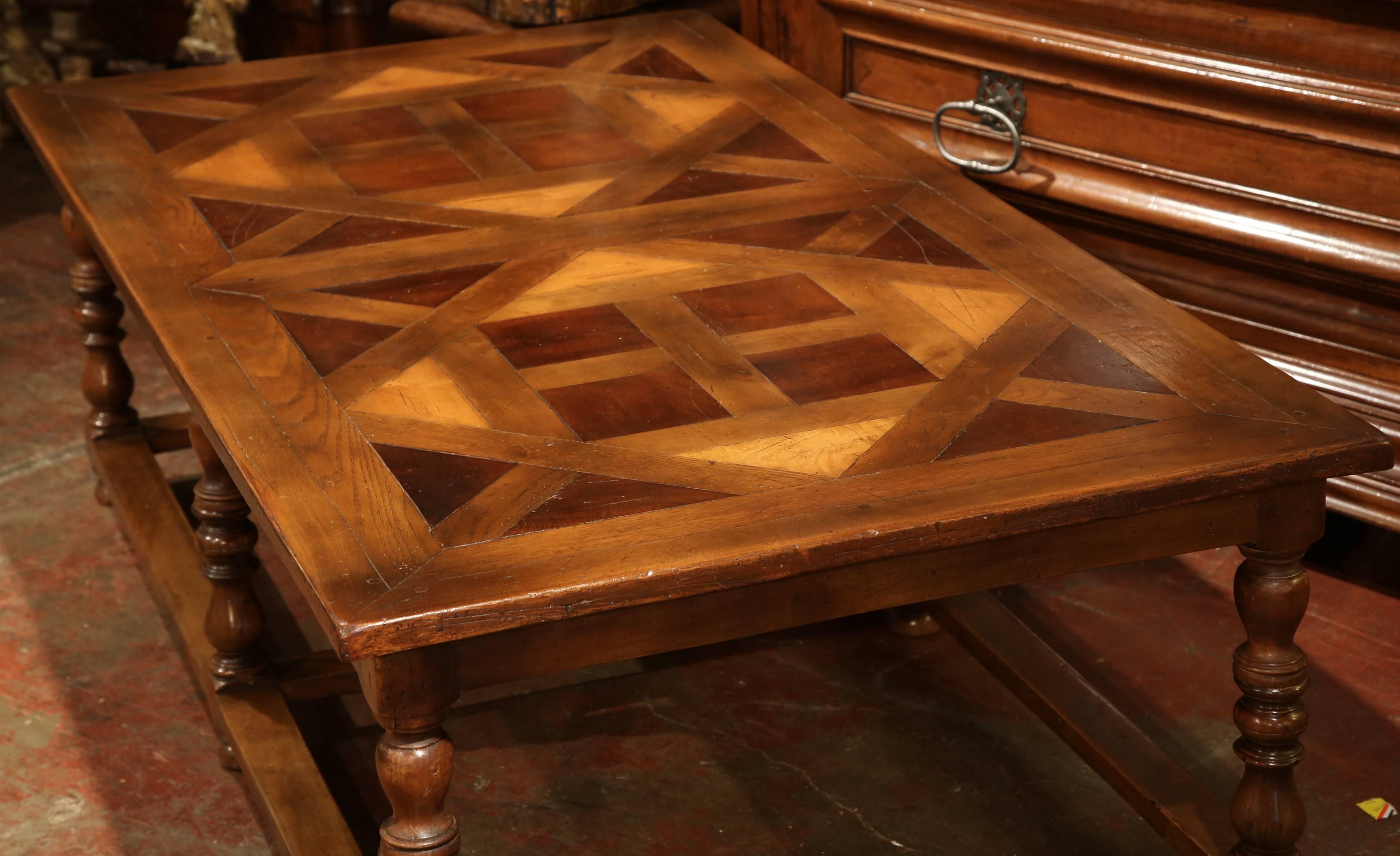 Hand-Carved Large French, Six-Legged and Stretcher Walnut Coffee Table with Parquet Top