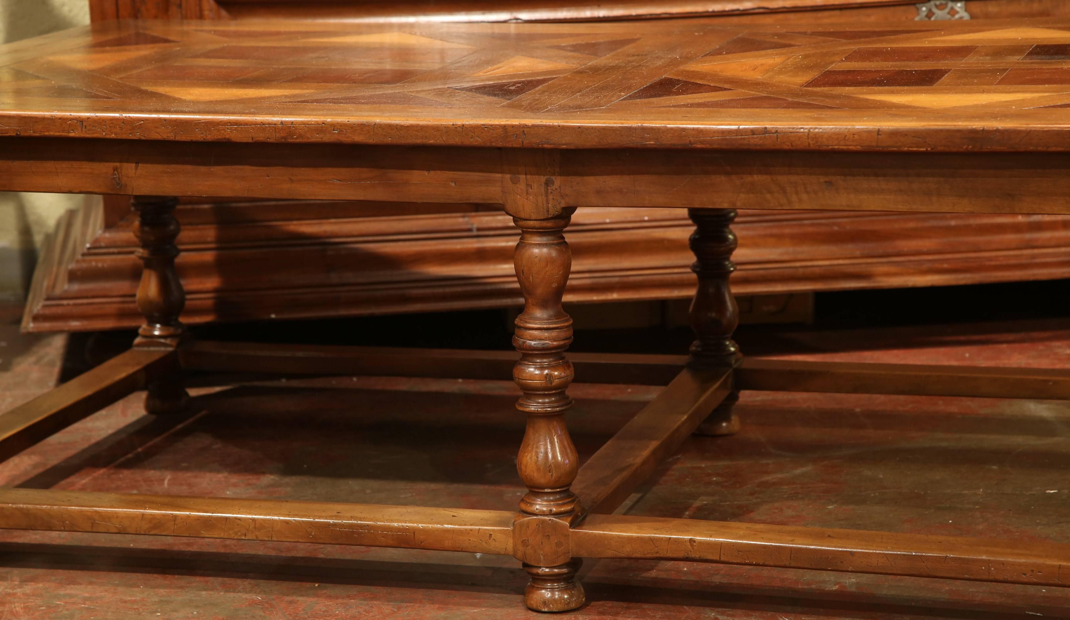 20th Century Large French, Six-Legged and Stretcher Walnut Coffee Table with Parquet Top