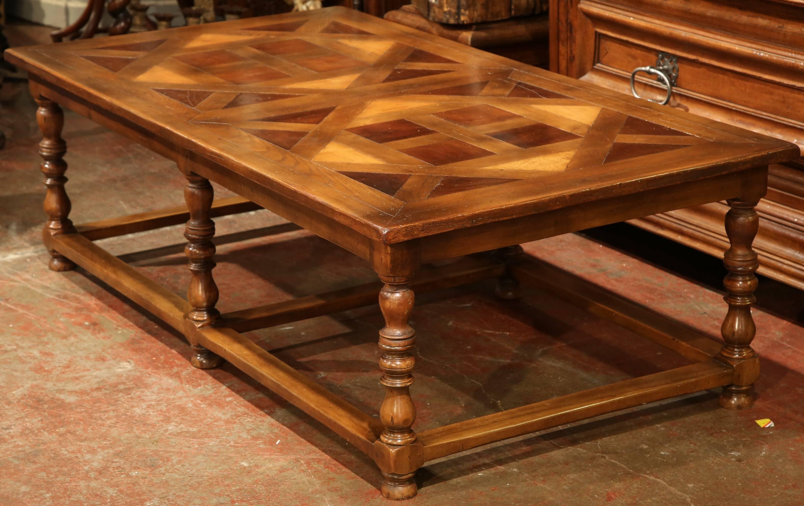 Louis XIII Large French, Six-Legged and Stretcher Walnut Coffee Table with Parquet Top