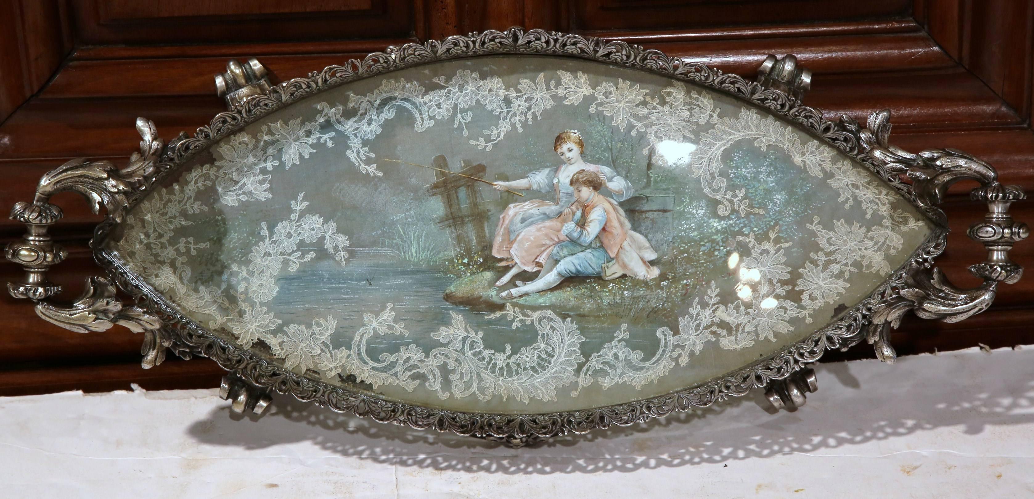 Hand-Carved 19th Century, French, Louis XV Silvered Bronze Centrepiece with Reverse Painting