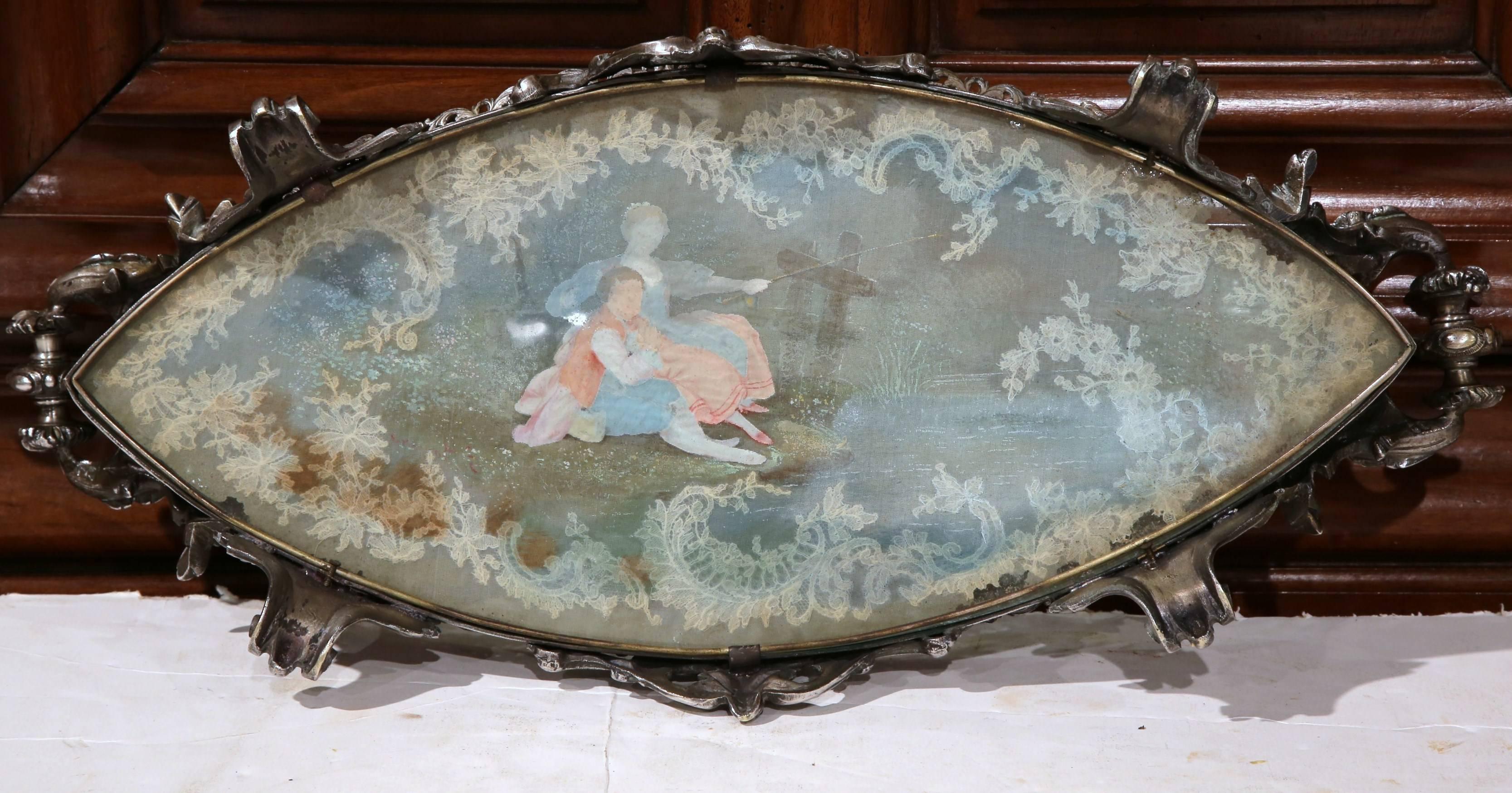 19th Century, French, Louis XV Silvered Bronze Centrepiece with Reverse Painting 5