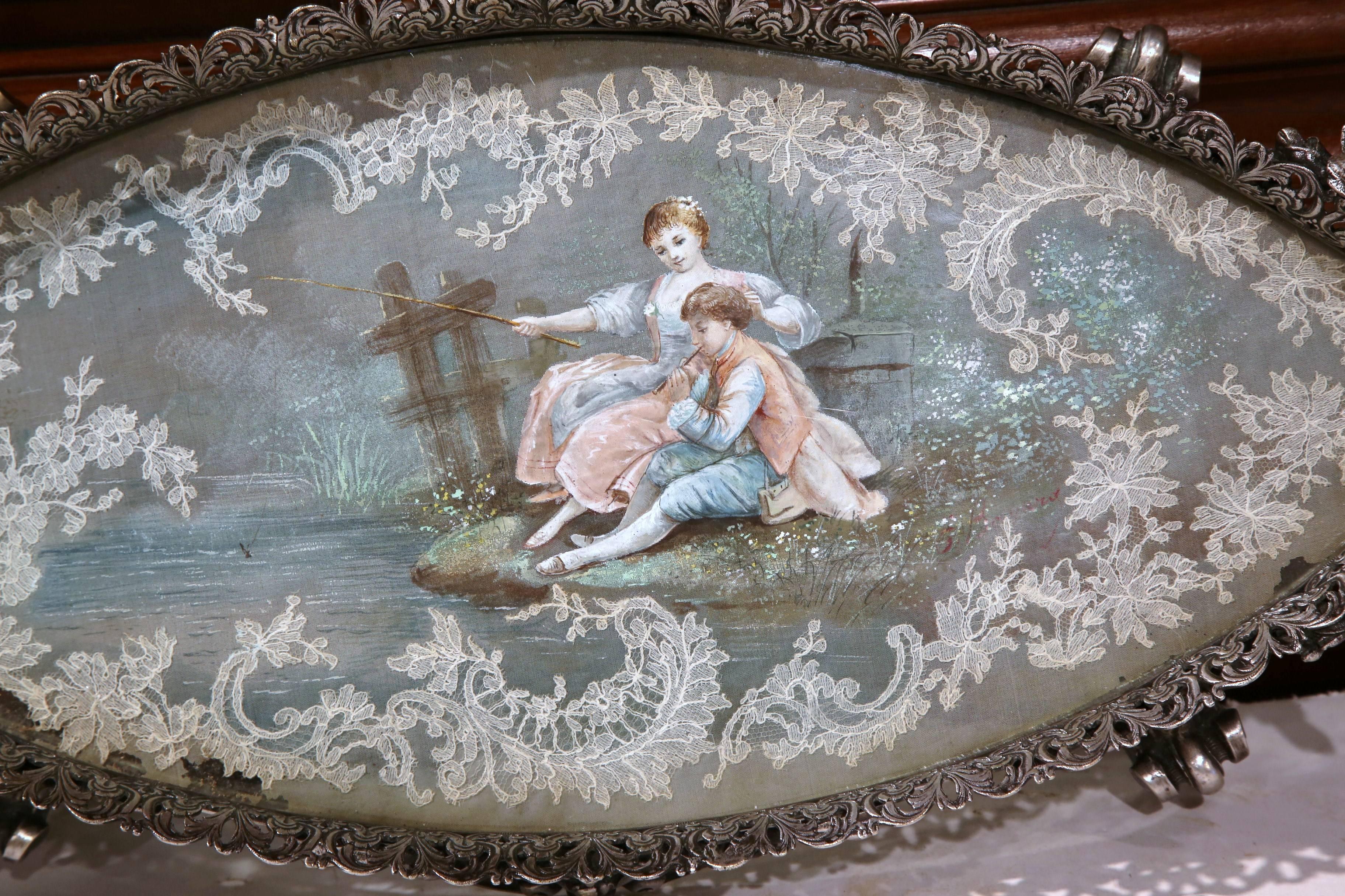 19th Century, French, Louis XV Silvered Bronze Centrepiece with Reverse Painting In Excellent Condition In Dallas, TX