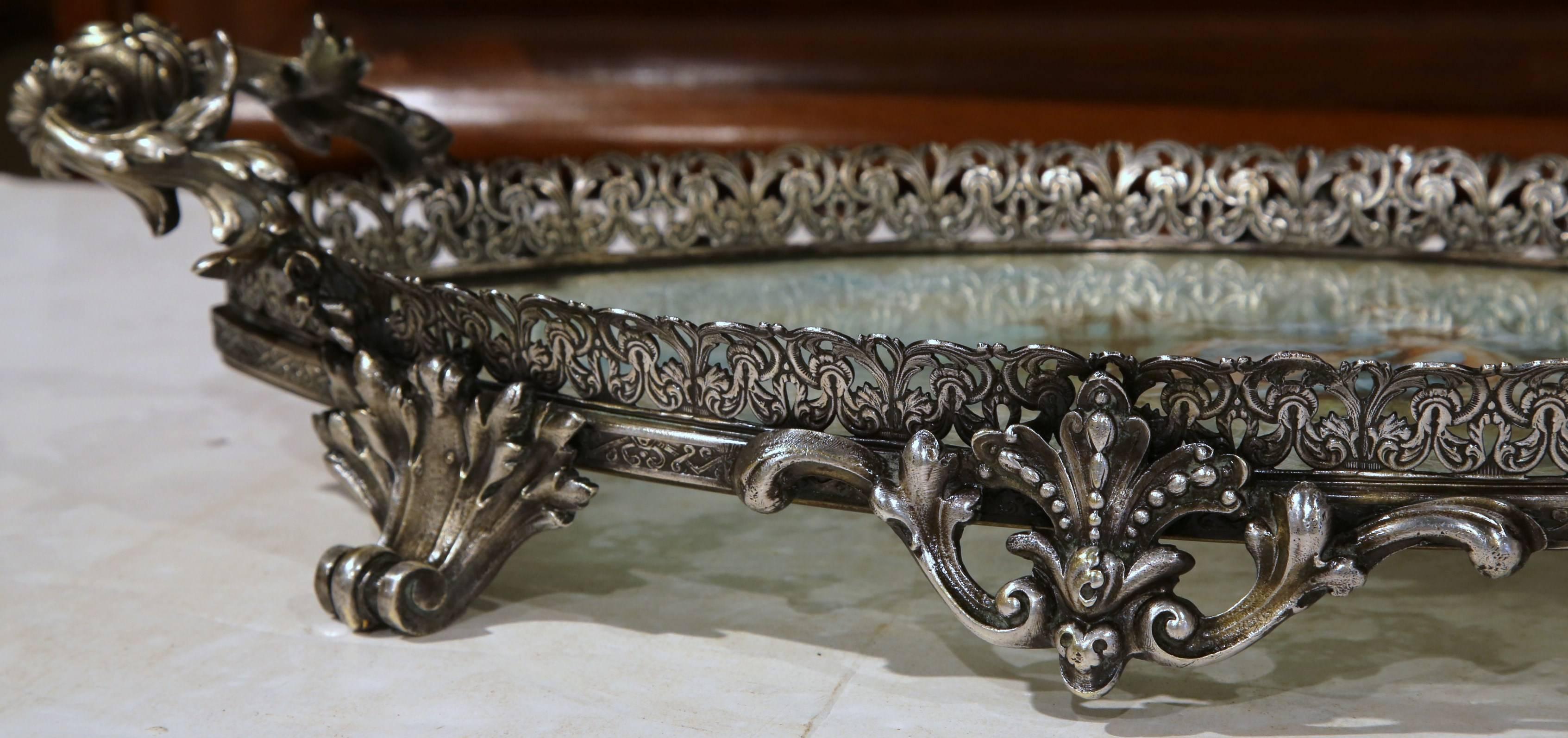 19th Century, French, Louis XV Silvered Bronze Centrepiece with Reverse Painting 1