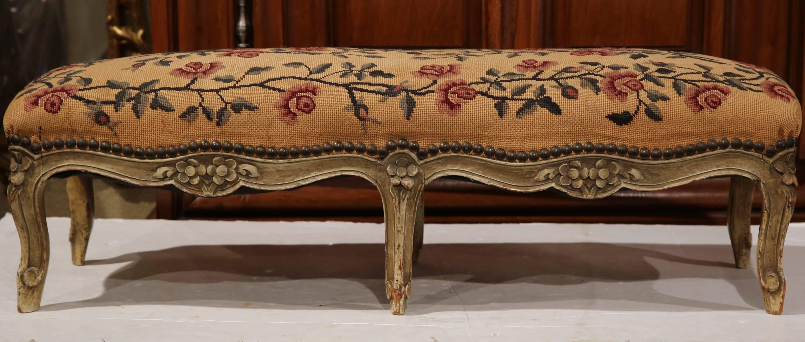 Hand-Carved 19th Century French Louis XV Carved Painted Footstool with Needlepoint Tapestry