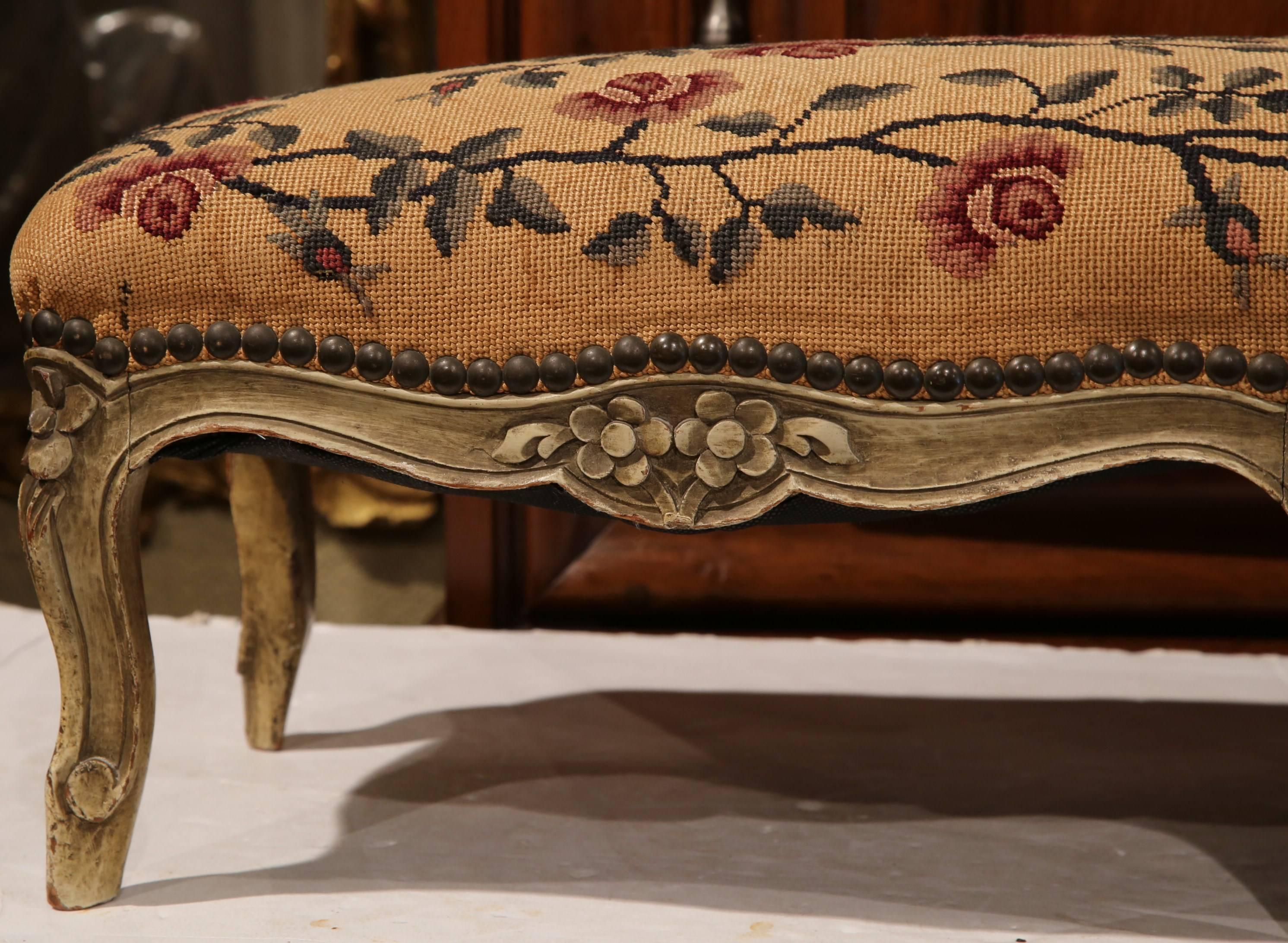19th Century French Louis XV Carved Painted Footstool with Needlepoint Tapestry 3