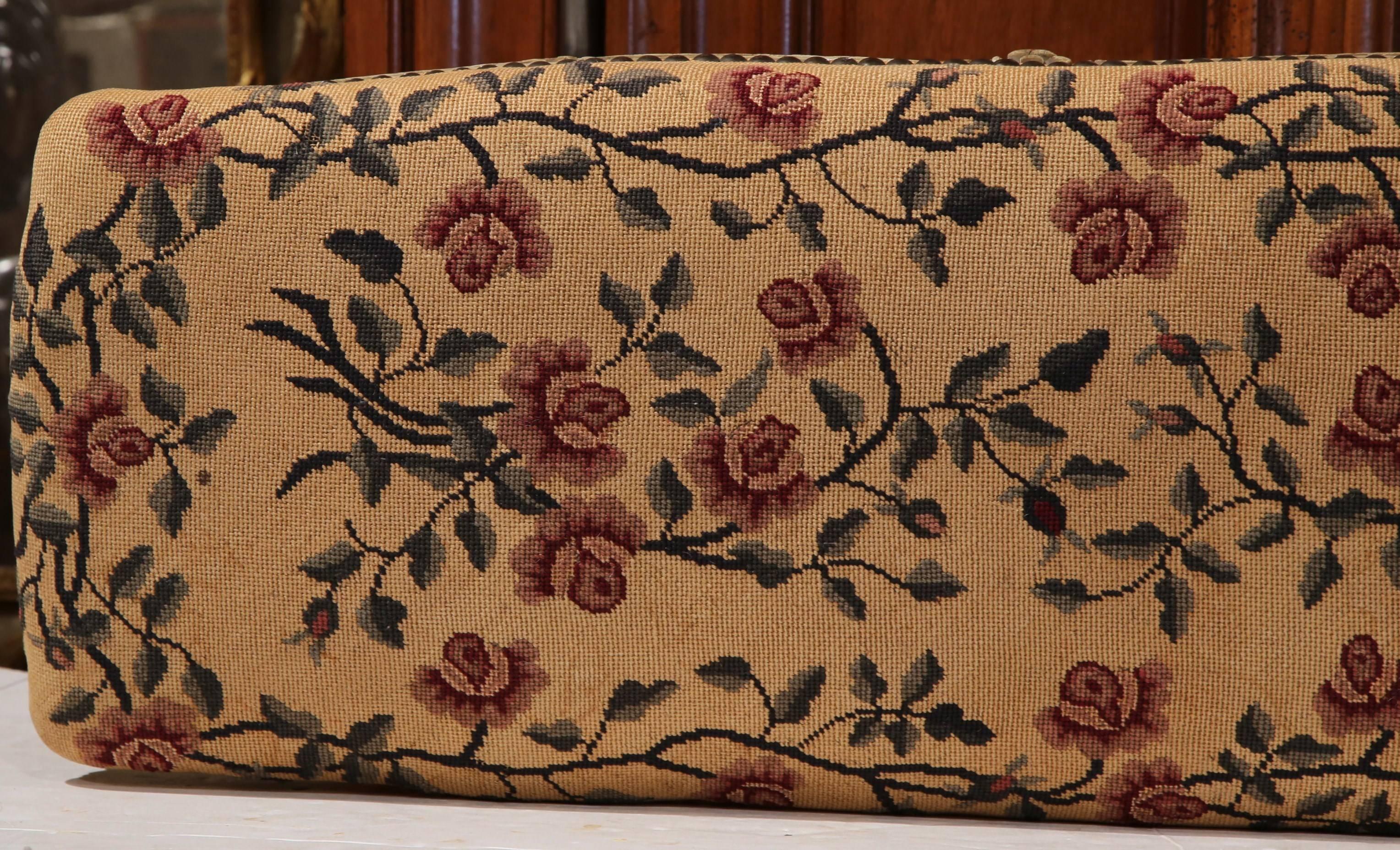 Wood 19th Century French Louis XV Carved Painted Footstool with Needlepoint Tapestry