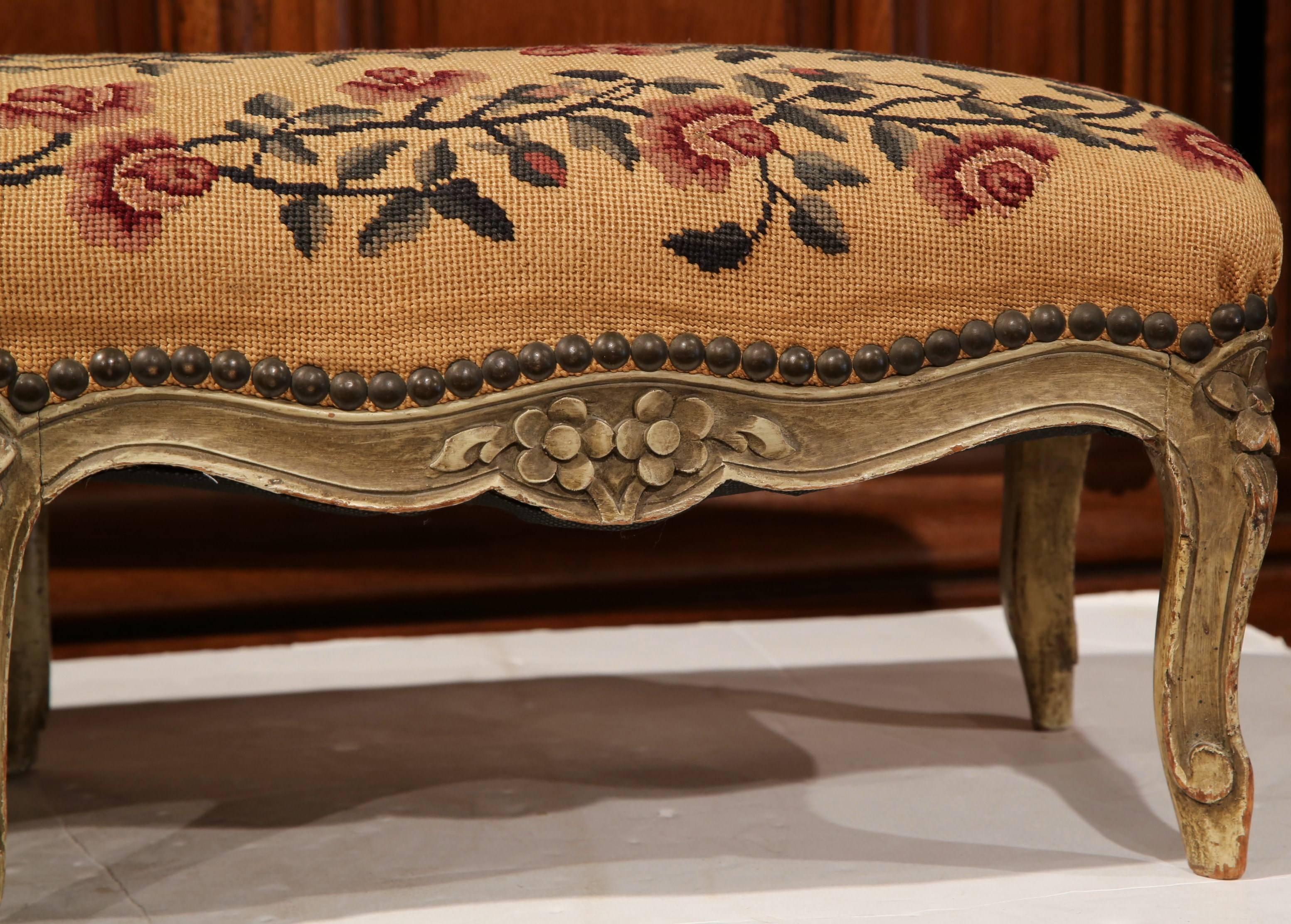 19th Century French Louis XV Carved Painted Footstool with Needlepoint Tapestry 4