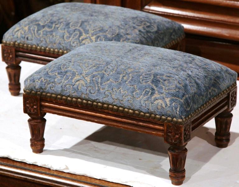 Pair of Early 20th Century, French, Carved Footstools with New Velvet ...