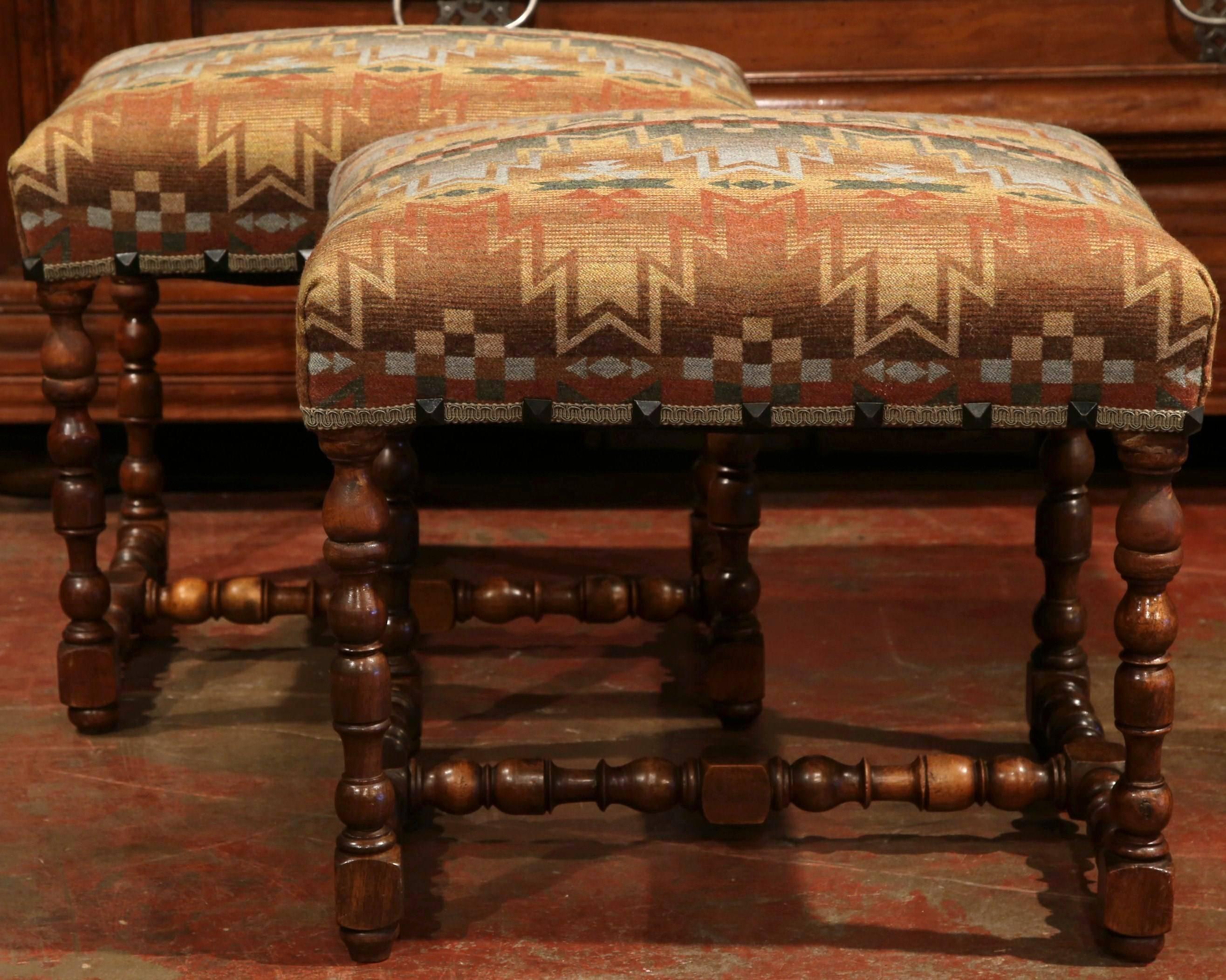 Hand-Carved Pair of 19th Century, French, Louis XIII Walnut Stools with Ralph Lauren Fabric