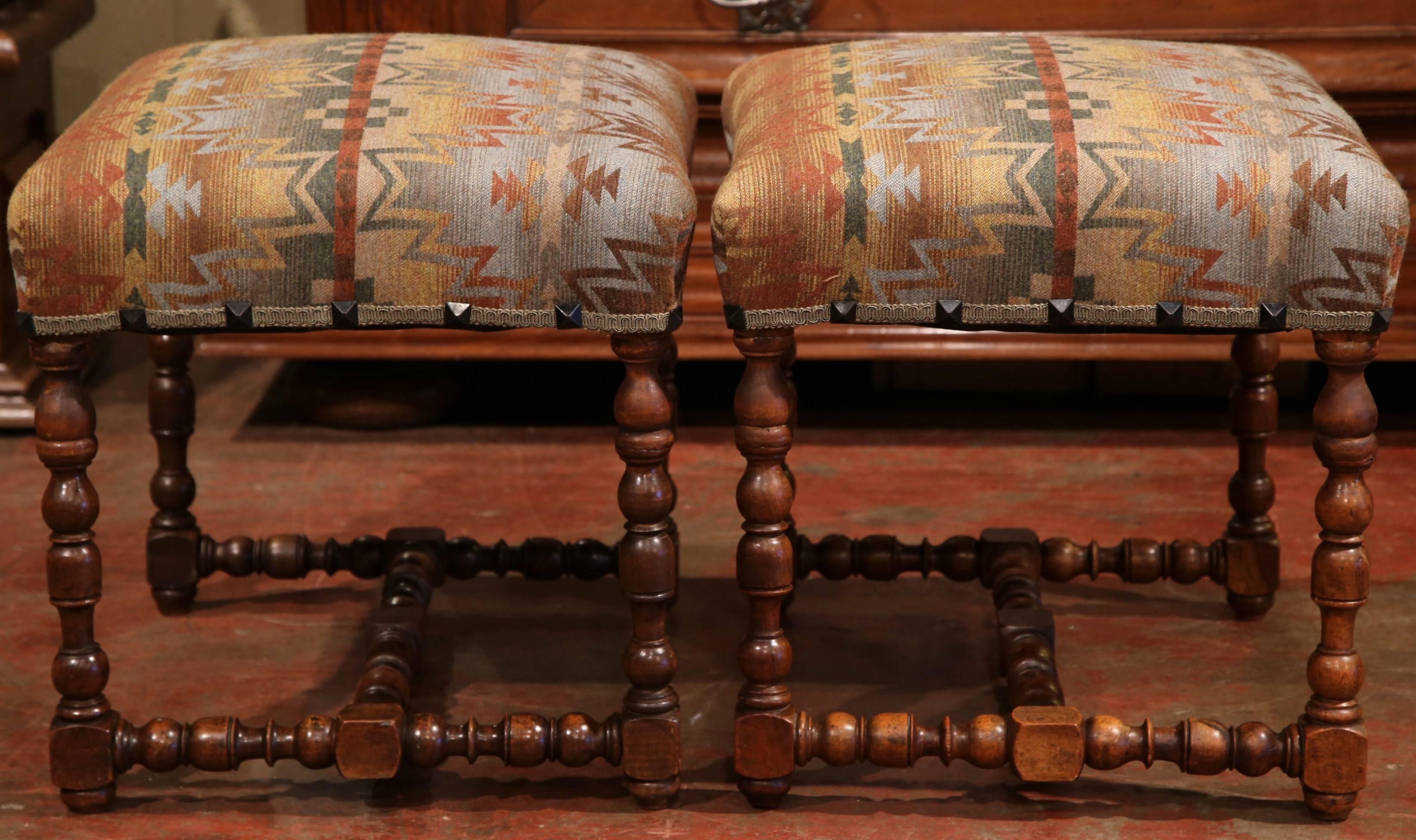 Pair of 19th Century, French, Louis XIII Walnut Stools with Ralph Lauren Fabric 2