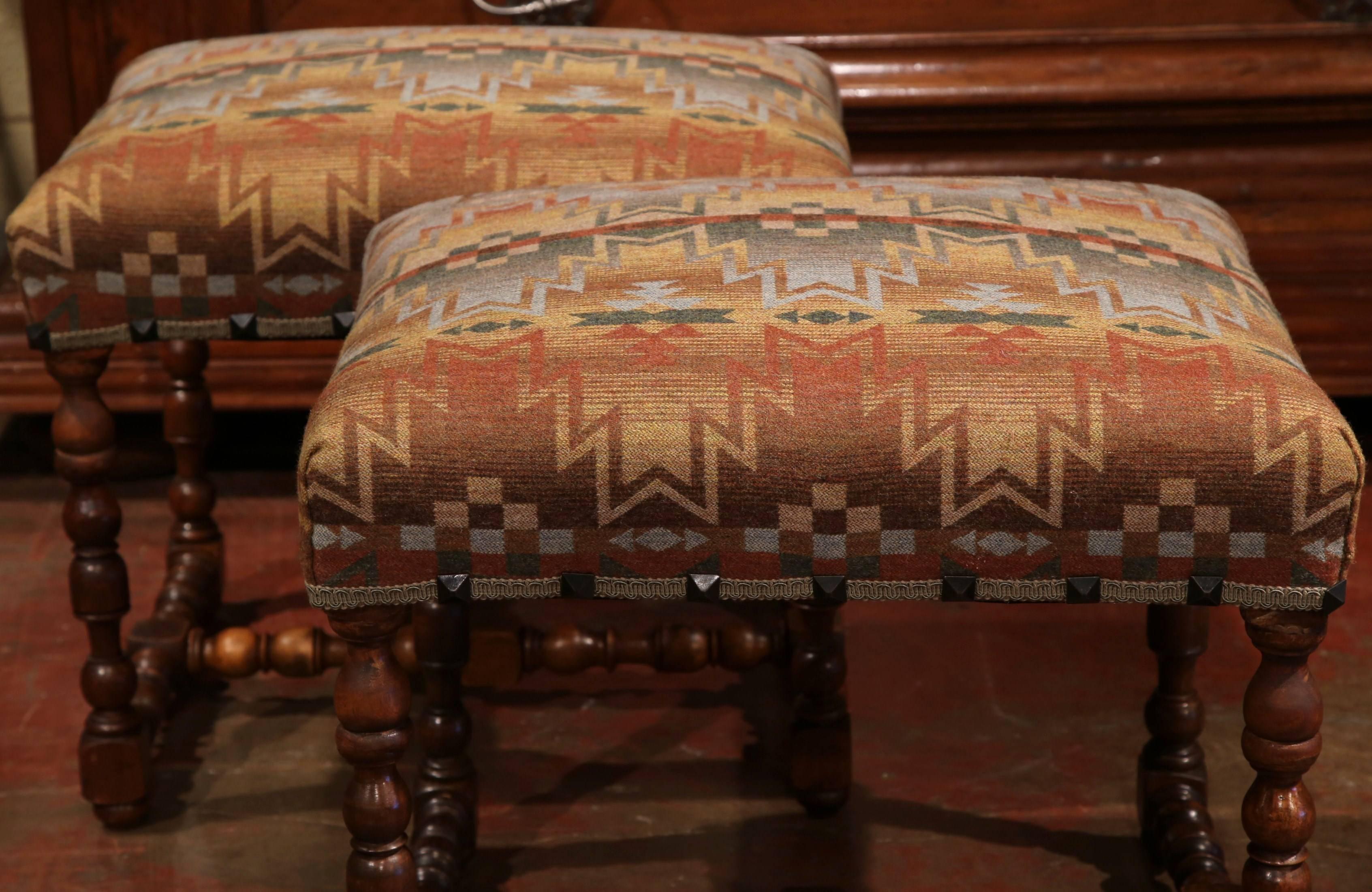 Pair of 19th Century, French, Louis XIII Walnut Stools with Ralph Lauren Fabric In Excellent Condition In Dallas, TX