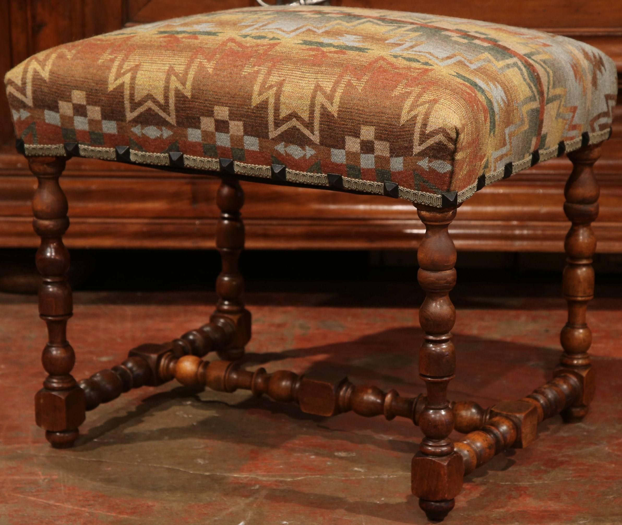Pair of 19th Century, French, Louis XIII Walnut Stools with Ralph Lauren Fabric 3