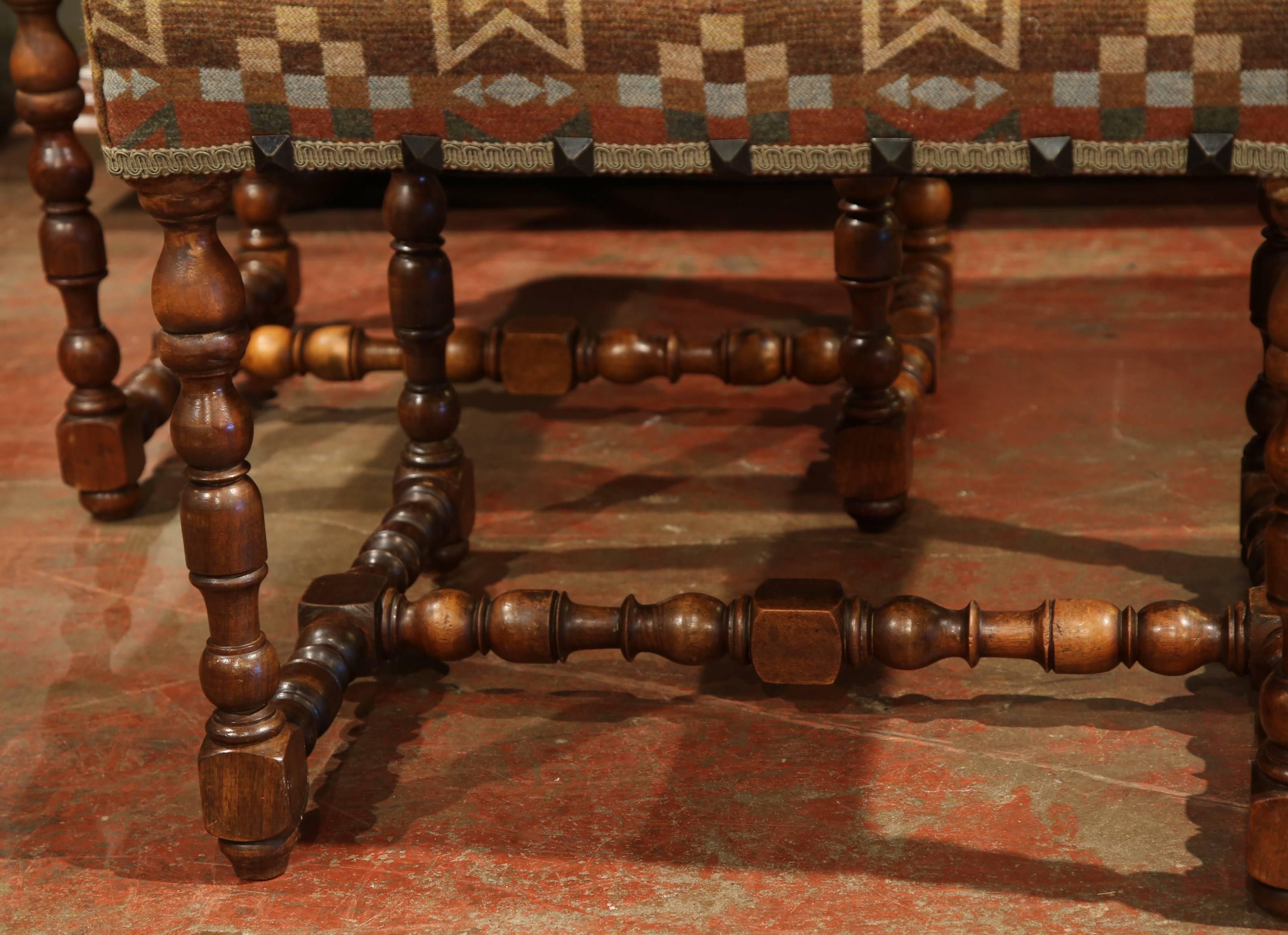 Pair of 19th Century, French, Louis XIII Walnut Stools with Ralph Lauren Fabric 4