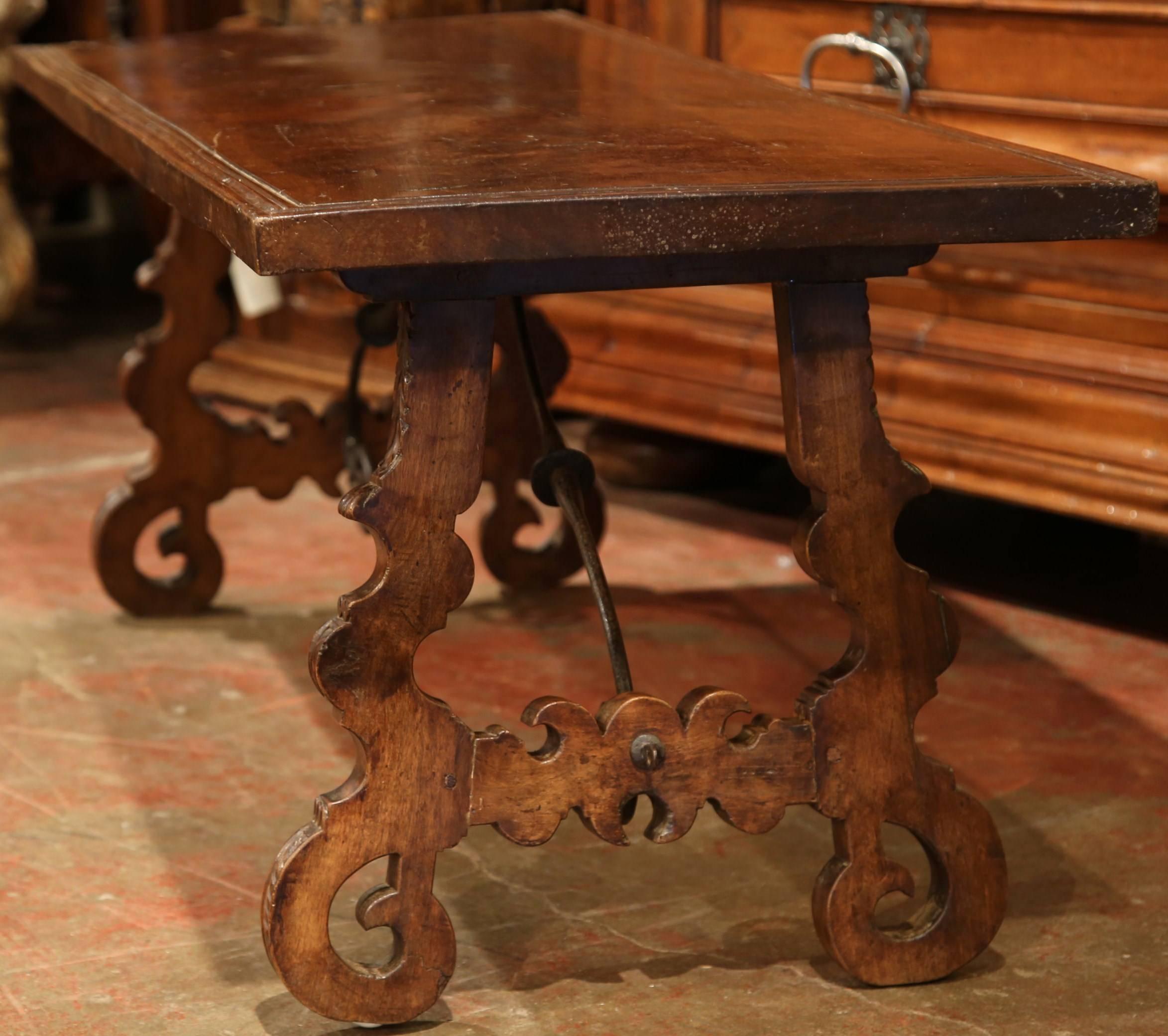 Louis XIII Early 19th Century Spanish Carved Walnut Coffee Table with Iron Stretcher