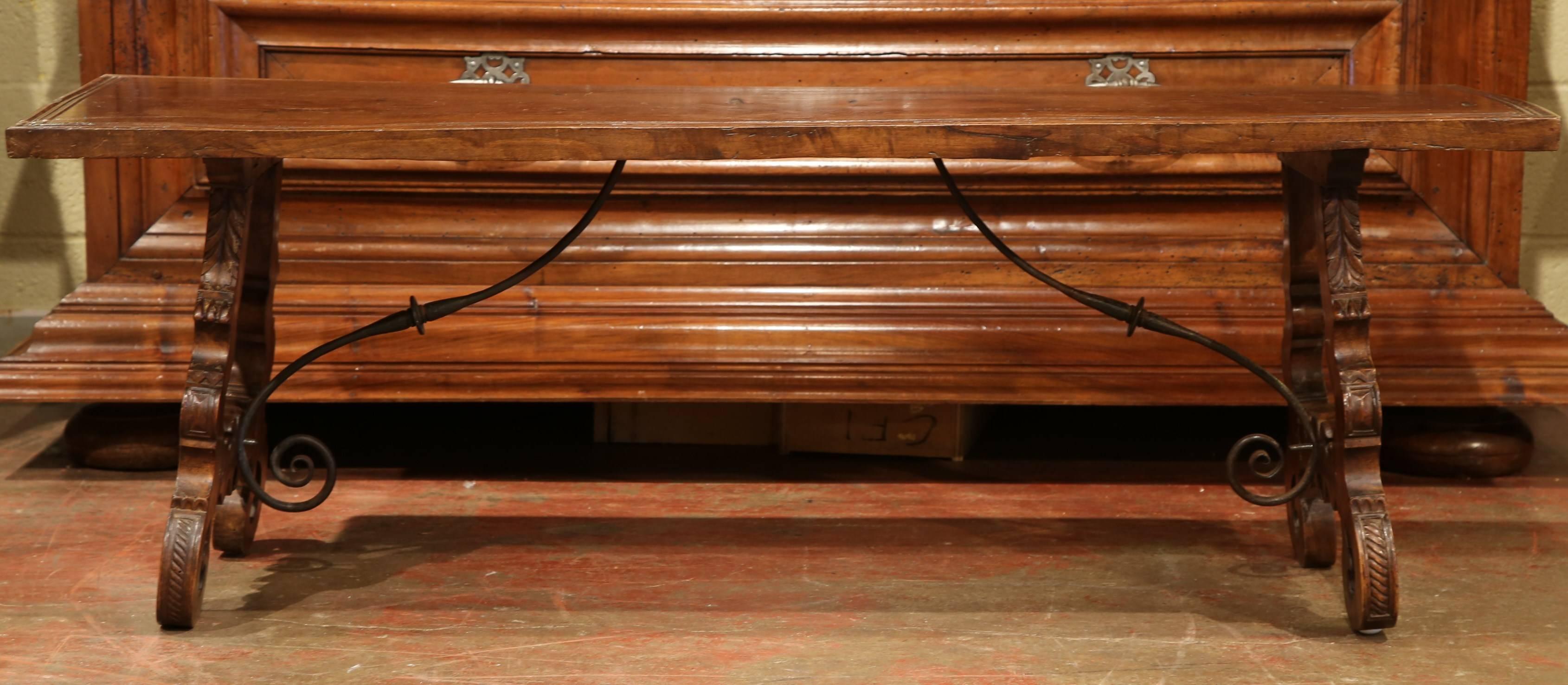 Hand-Carved Early 19th Century Spanish Carved Walnut Coffee Table with Iron Stretcher