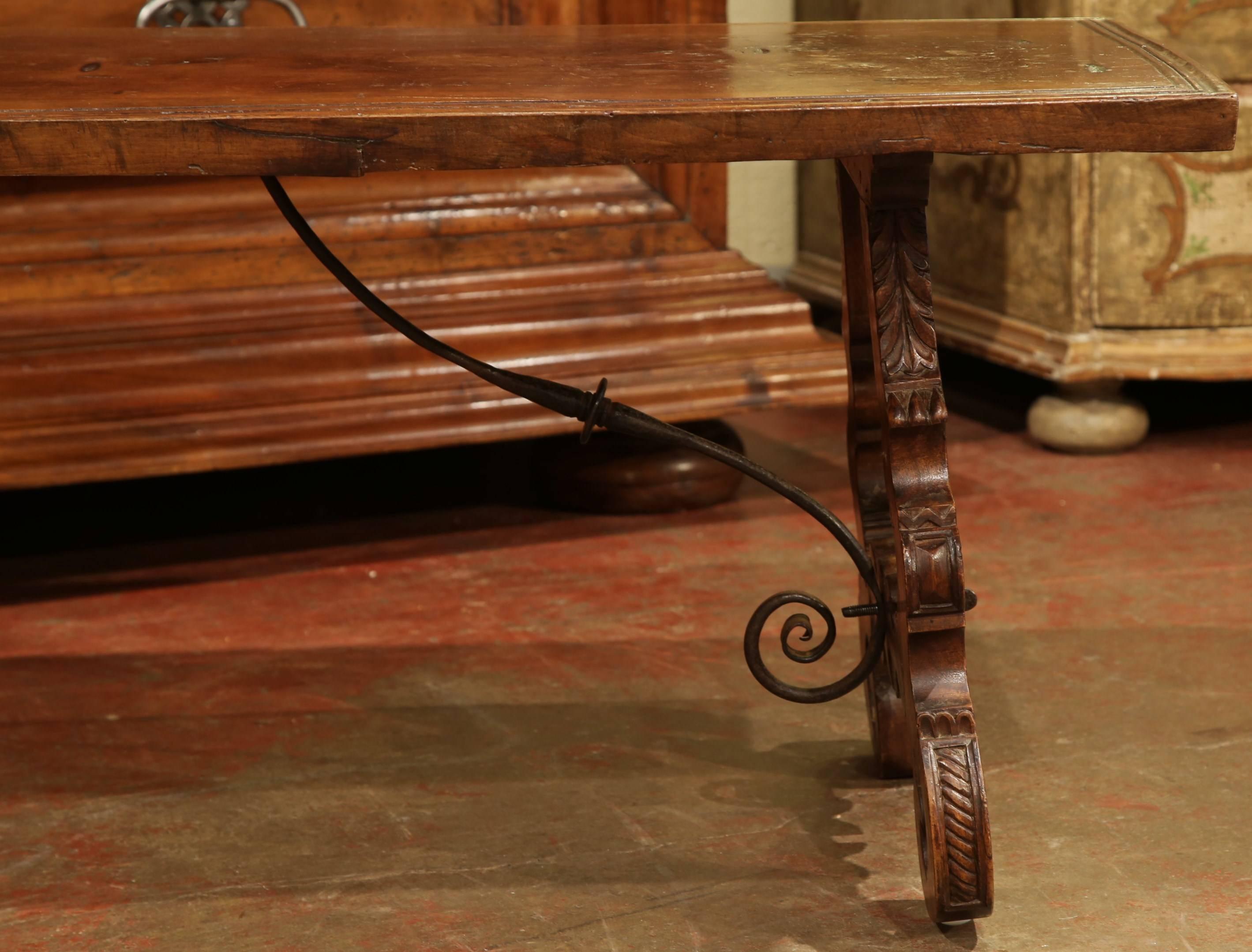 Early 19th Century Spanish Carved Walnut Coffee Table with Iron Stretcher 1
