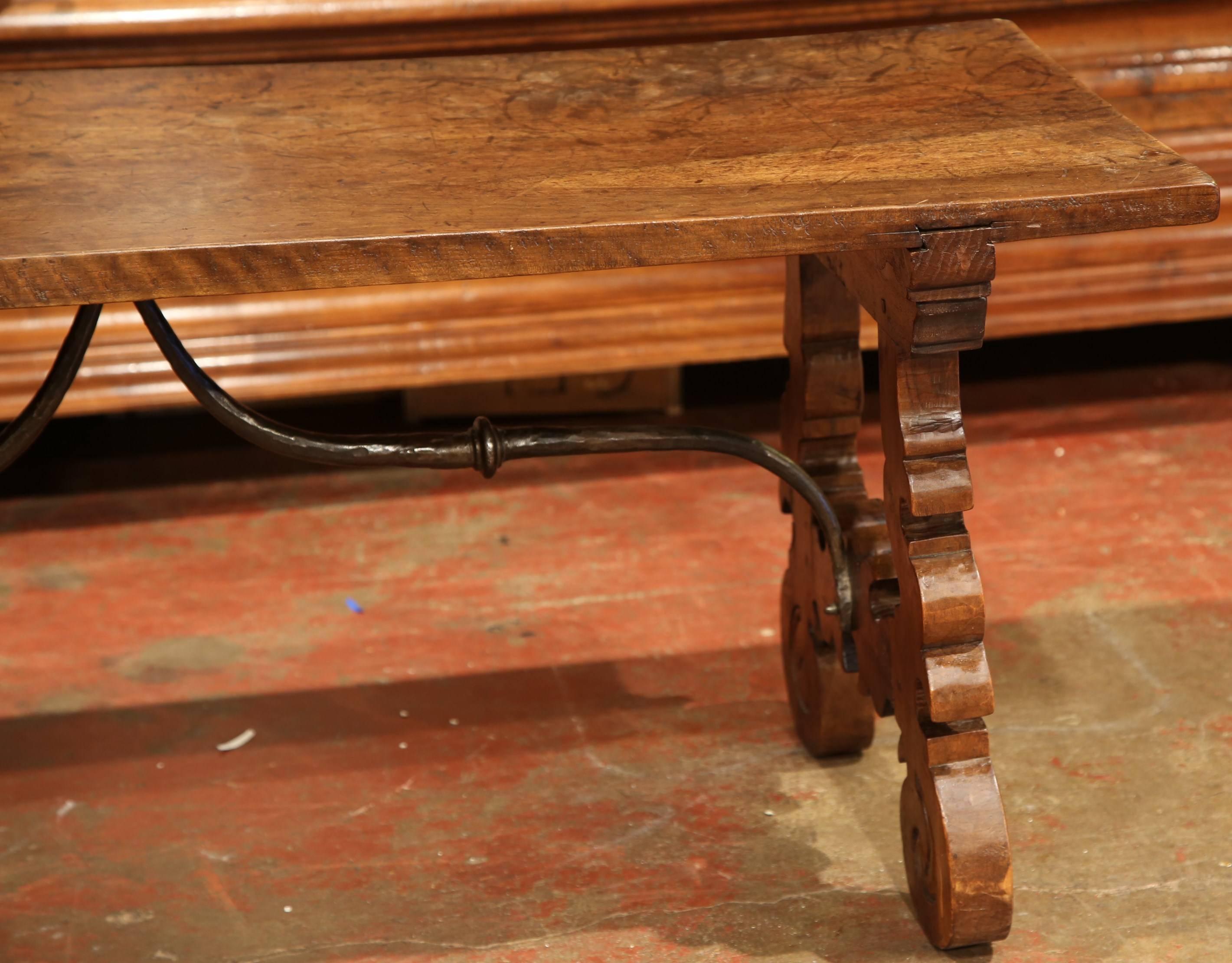 19th Century, Spanish Carved Walnut Coffee Table with Wrought Iron Stretcher In Excellent Condition In Dallas, TX