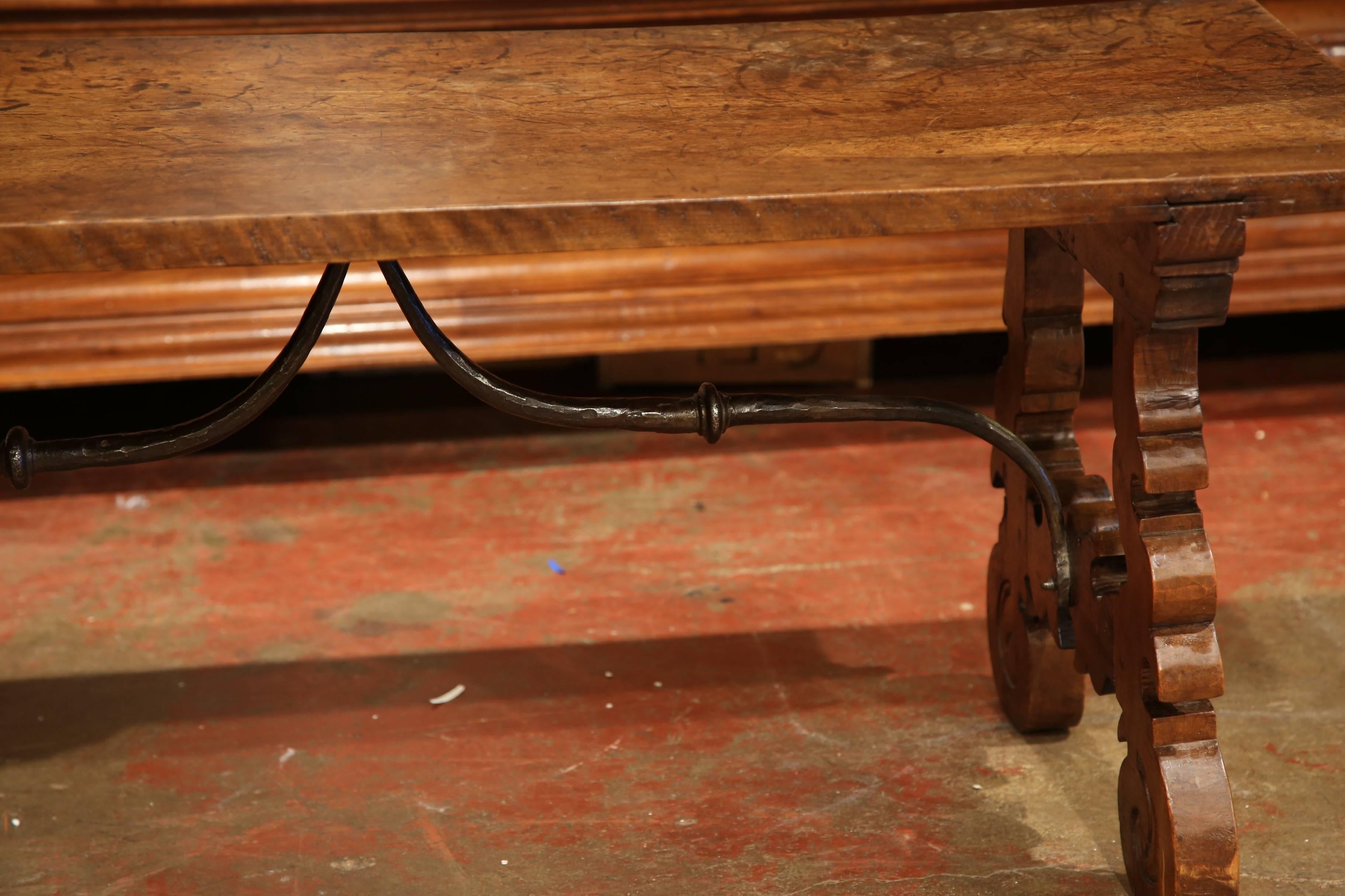 19th Century, Spanish Carved Walnut Coffee Table with Wrought Iron Stretcher 1