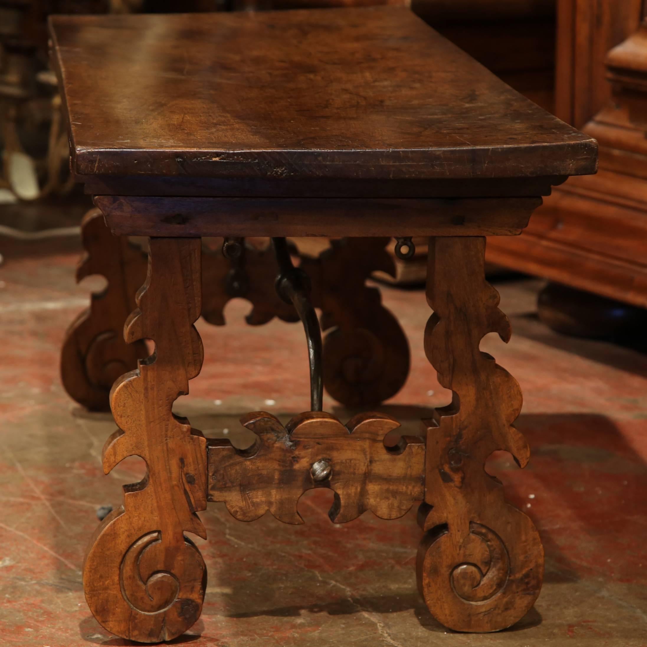 Hand-Carved 19th Century, Spanish Carved Walnut Coffee Table with Wrought Iron Stretcher