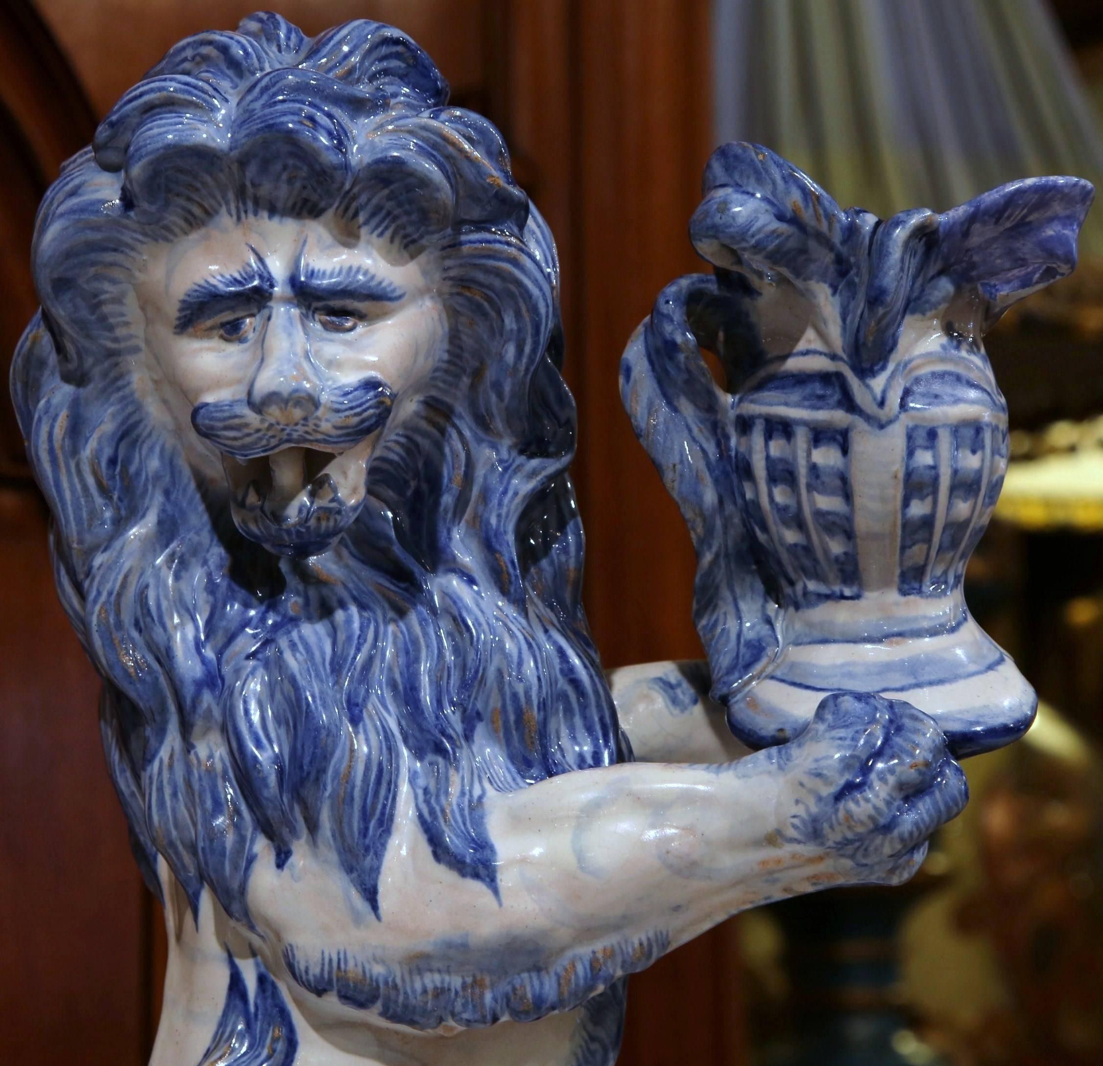 Gothic 19th Century French Faience Lion Sculpture Candleholder Attributed to E. Galle