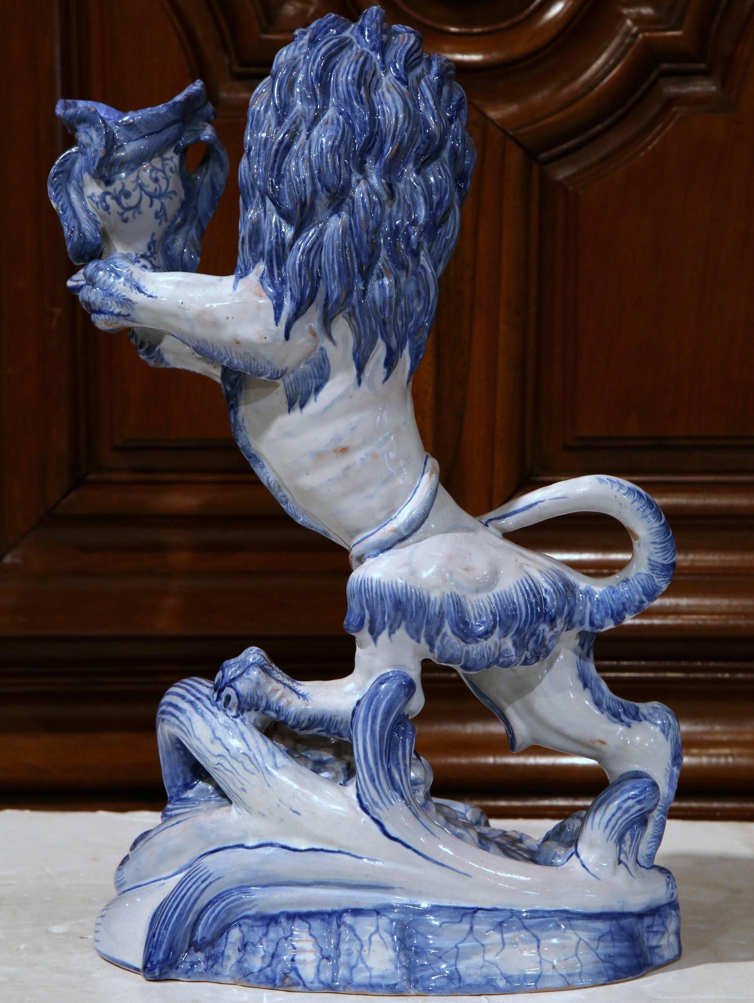 19th Century French Faience Lion Sculpture Candleholder Attributed to E. Galle 2