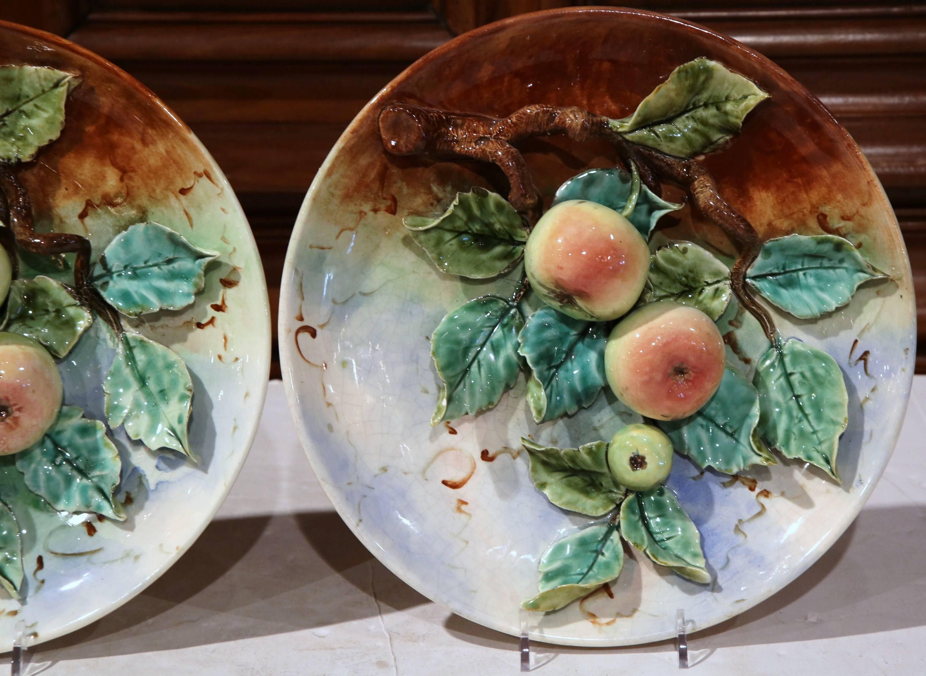 Pair of 19th Century French Painted Ceramic Barbotine Plates with Apple Decor 1