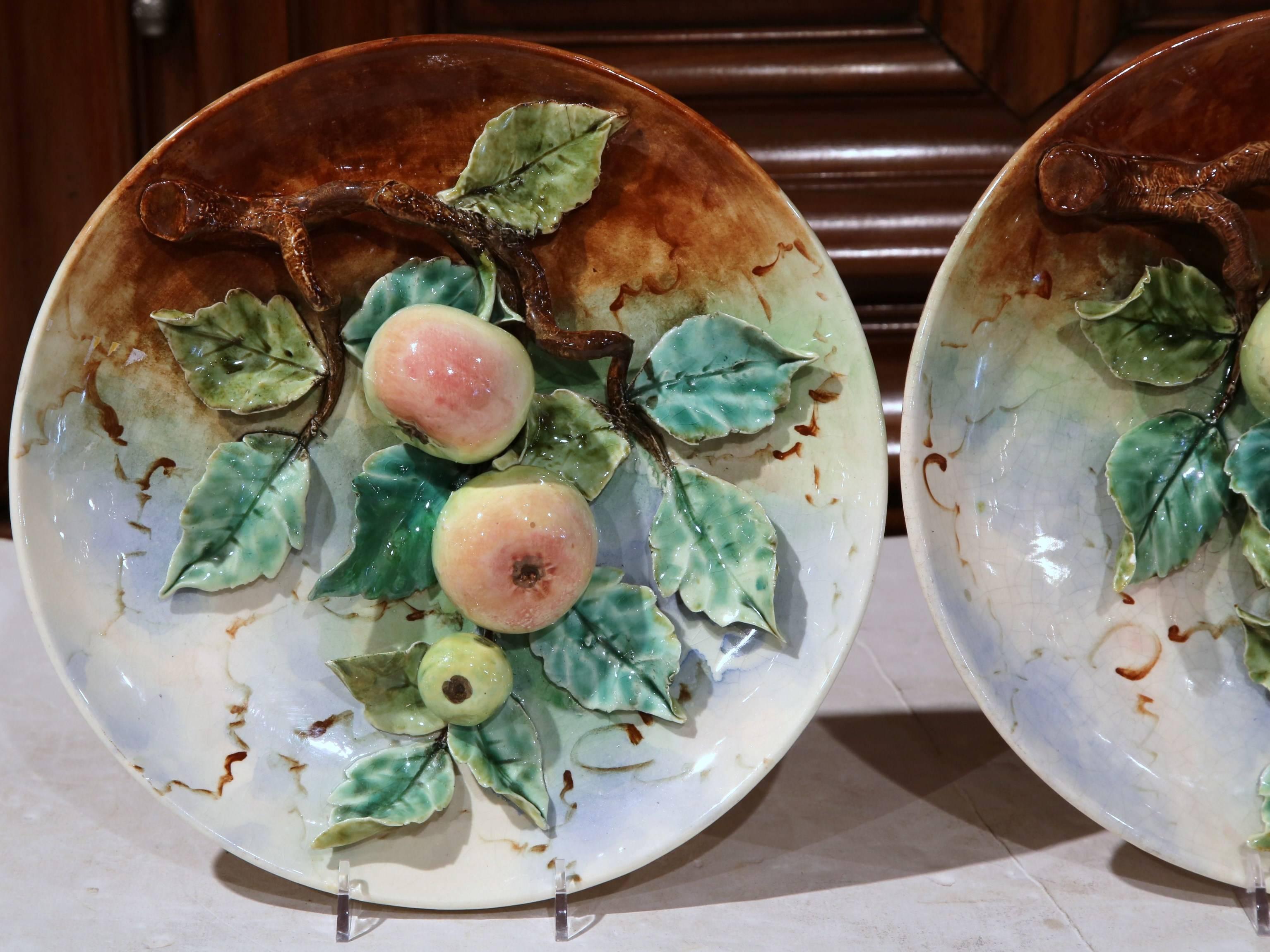 Hand-Crafted Pair of 19th Century French Painted Ceramic Barbotine Plates with Apple Decor