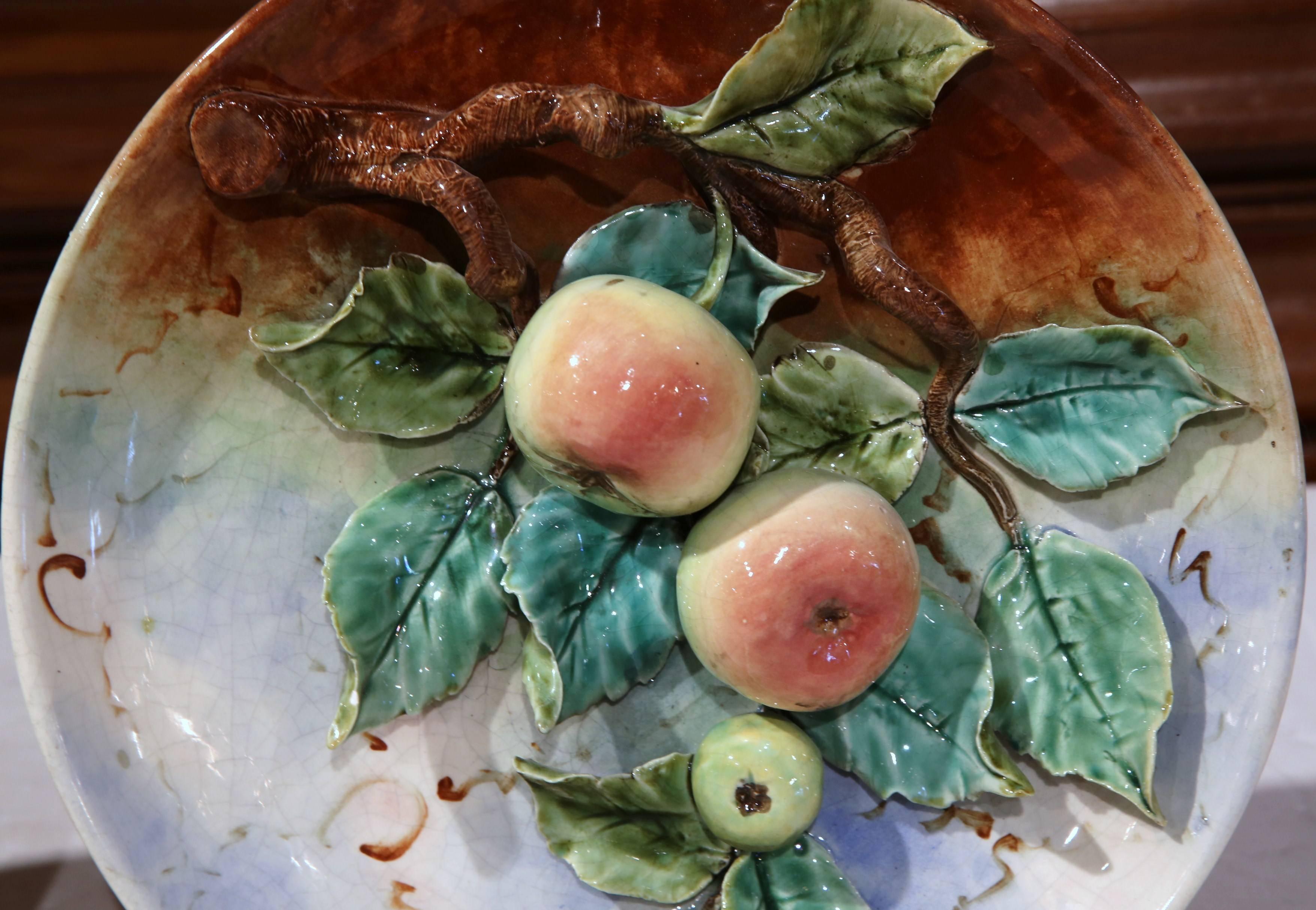 Pair of 19th Century French Painted Ceramic Barbotine Plates with Apple Decor 2