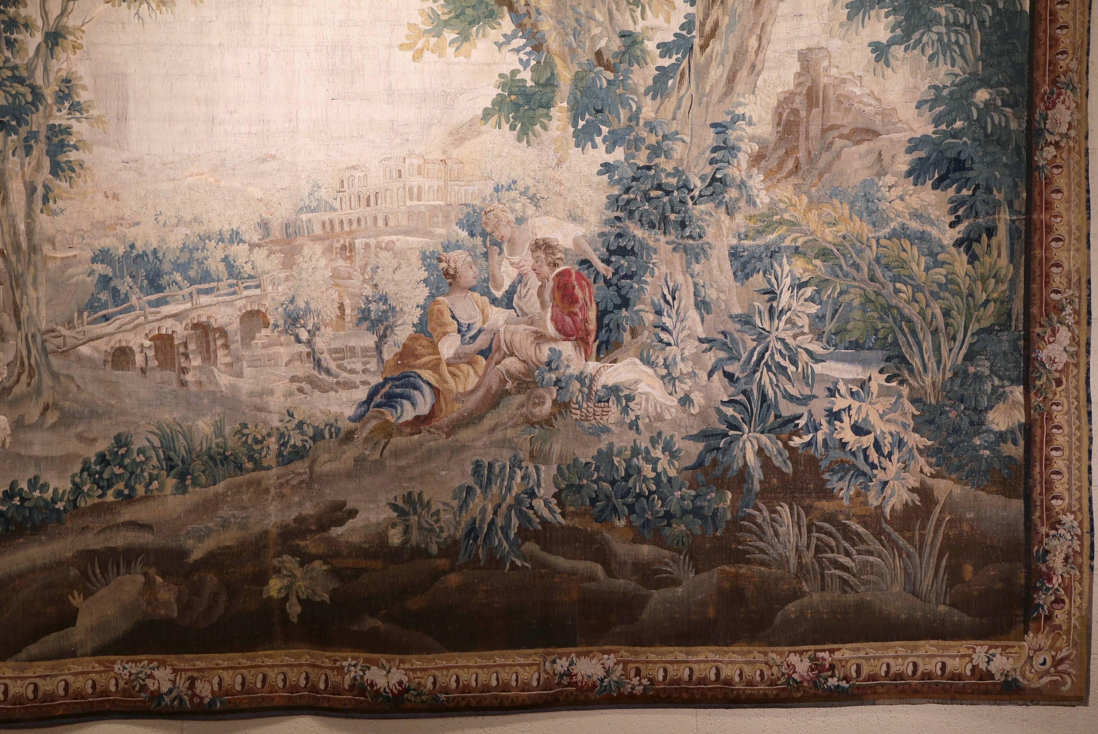 Large 18th Century French Aubusson Pastoral Tapestry in the Manner of Boucher 1
