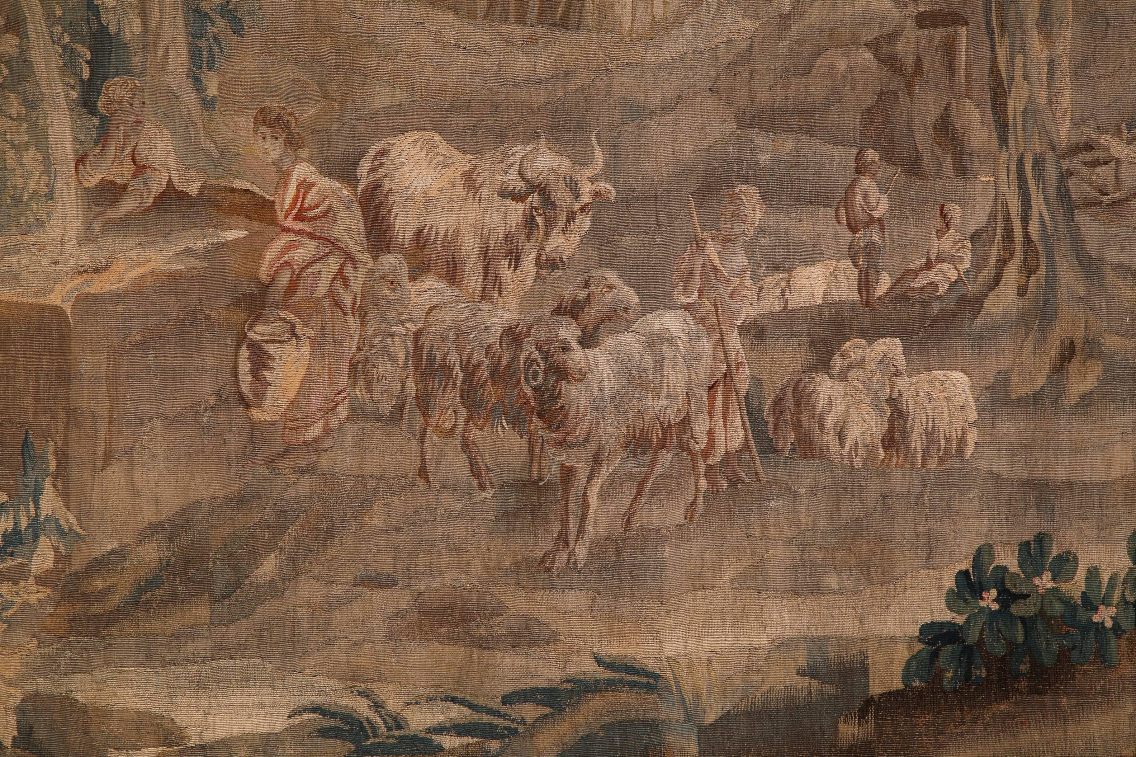 Louis XV Large 18th Century French Aubusson Pastoral Tapestry in the Manner of Boucher