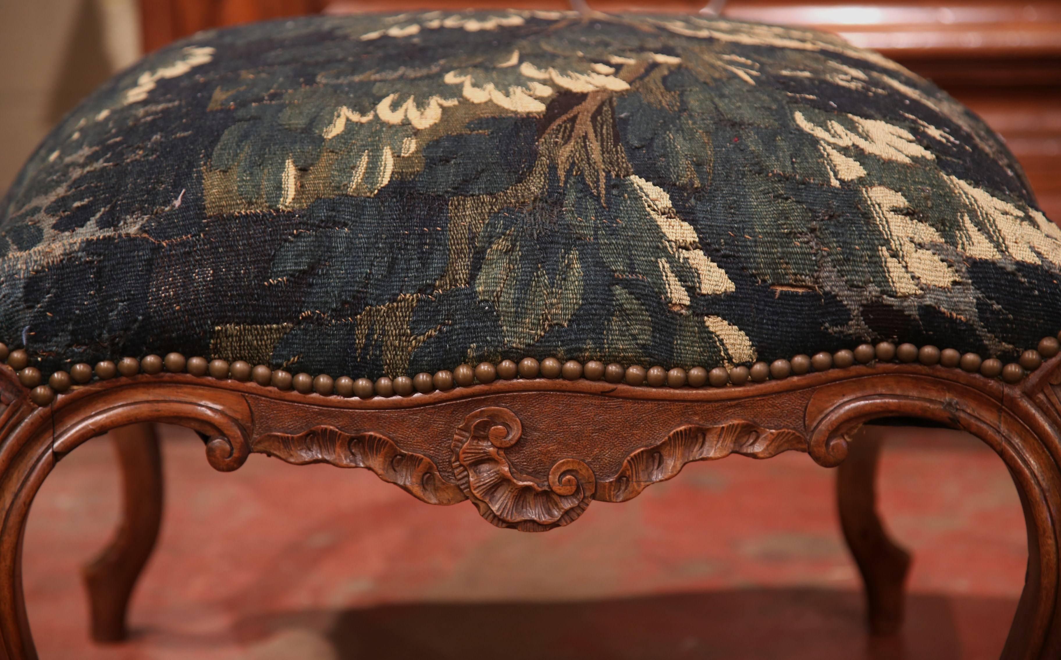 18th Century, French Louis XV Carved Walnut Stool with Aubusson Tapestry 3