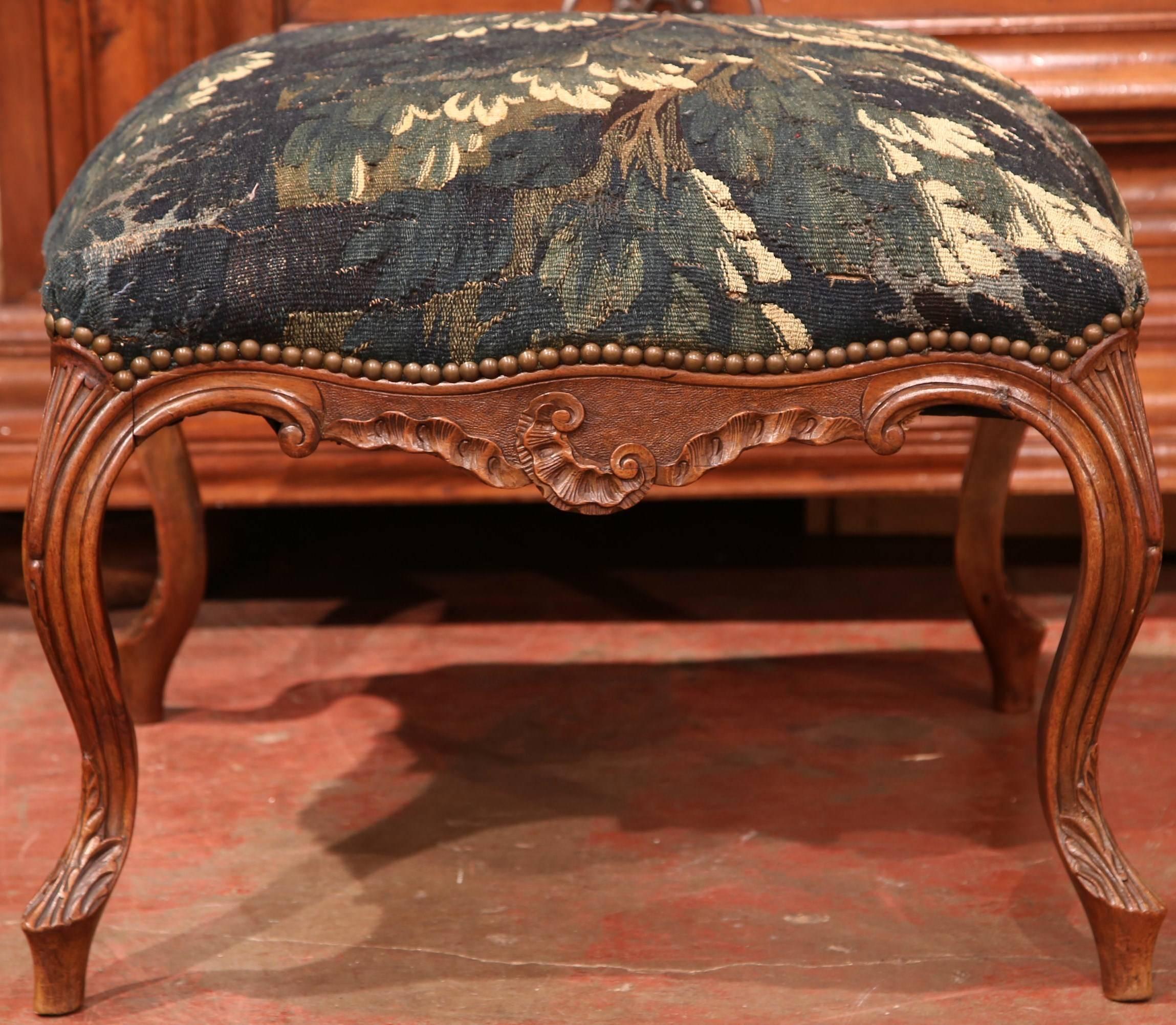 18th Century, French Louis XV Carved Walnut Stool with Aubusson Tapestry 2