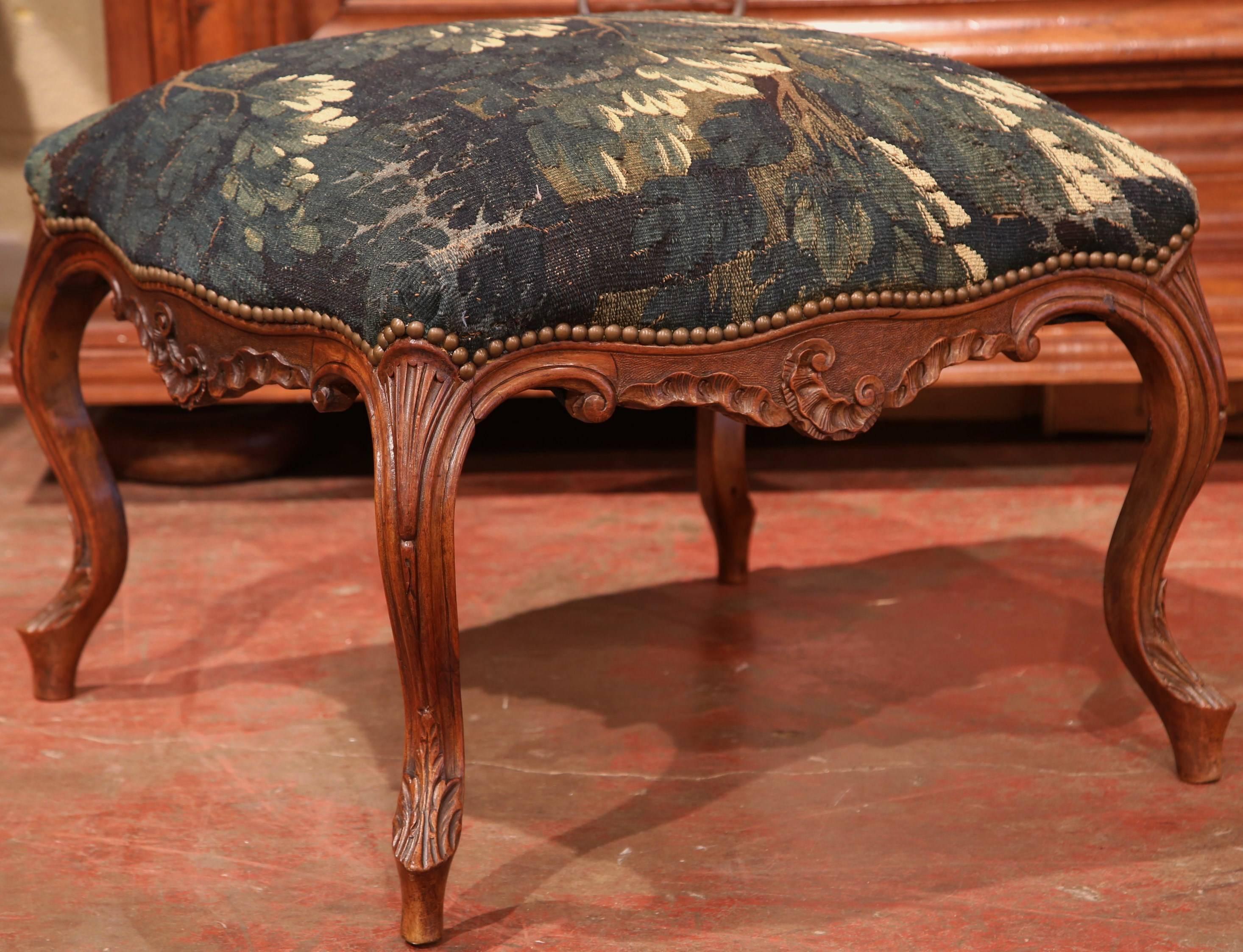 18th Century, French Louis XV Carved Walnut Stool with Aubusson Tapestry 1