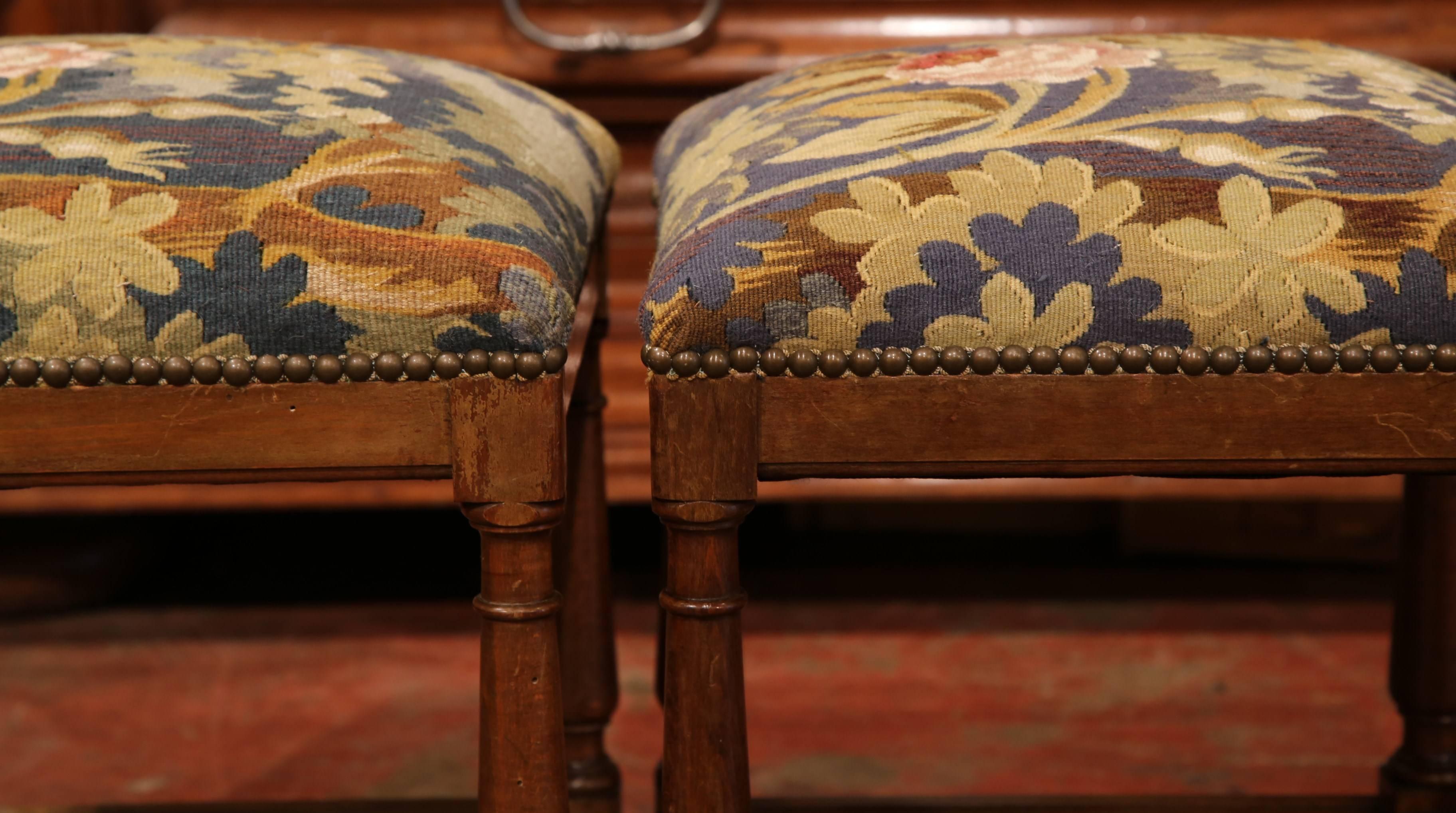 Hand-Carved Pair of Mid-19th Century, French Square Walnut Stools with Aubusson Tapestry