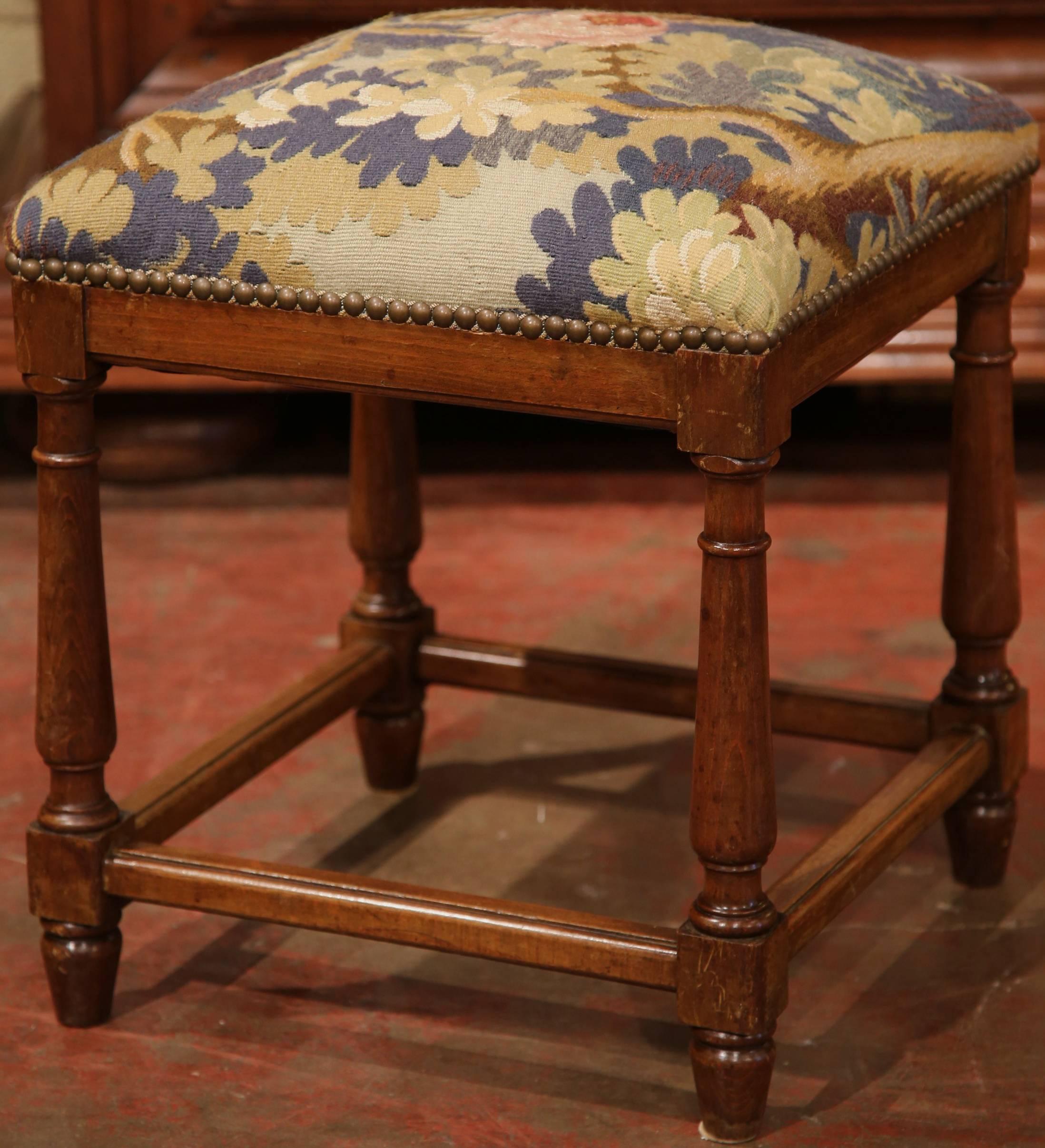 18th Century Pair of Mid-19th Century, French Square Walnut Stools with Aubusson Tapestry