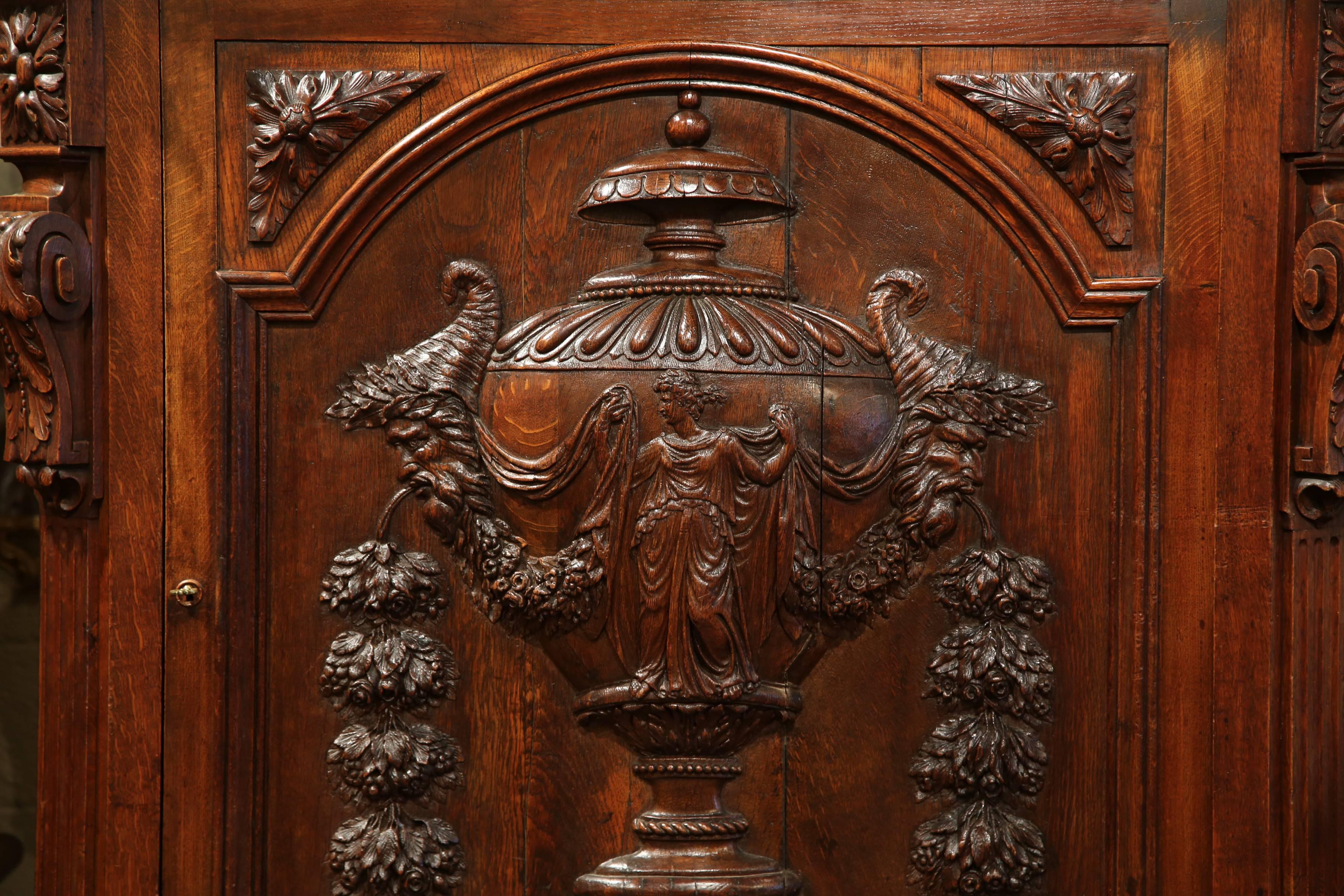 Hand-Carved Large 19th Century French Napoleon III Carved Oak Single Door Cabinet