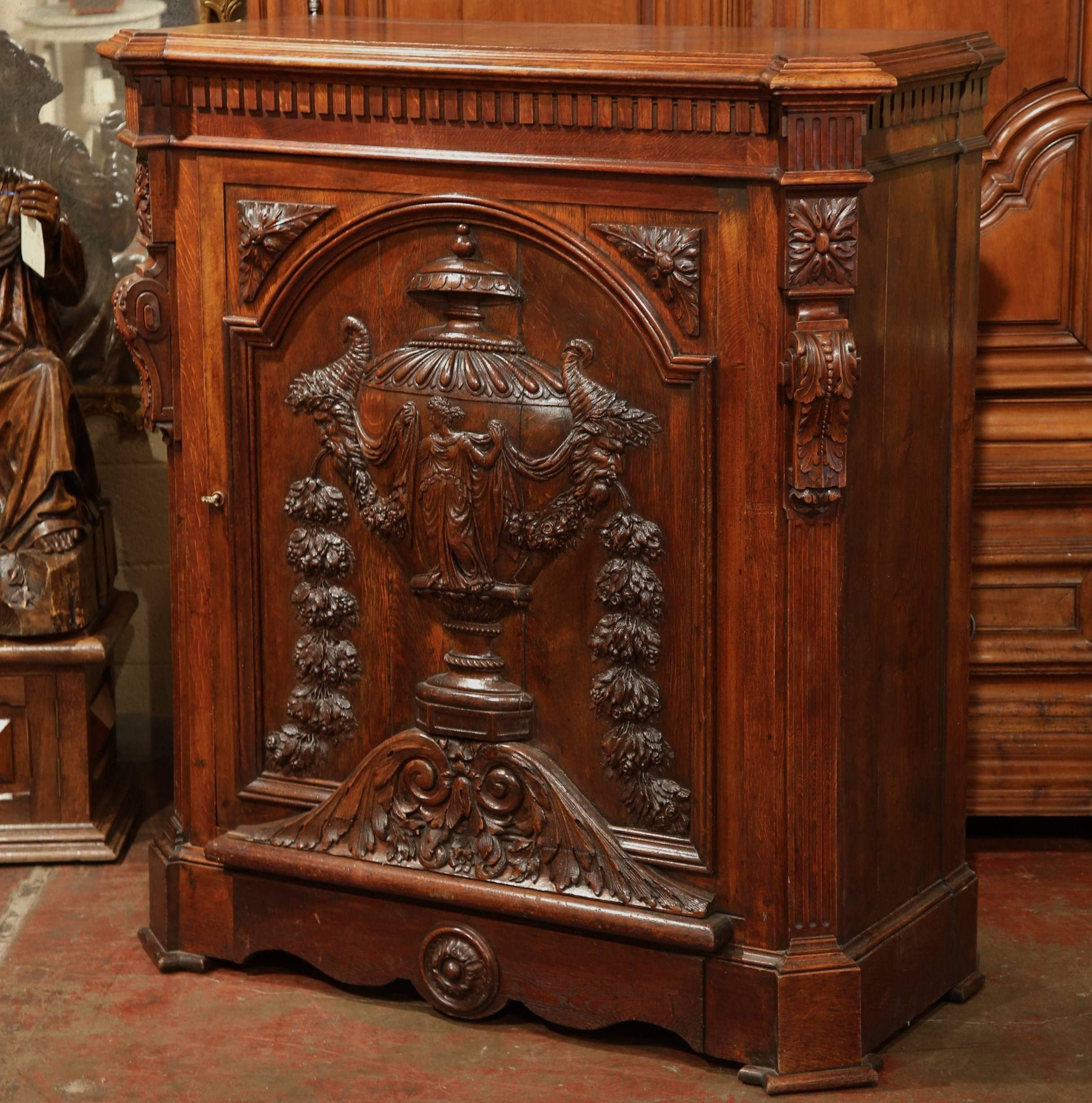 Large 19th Century French Napoleon III Carved Oak Single Door Cabinet 1