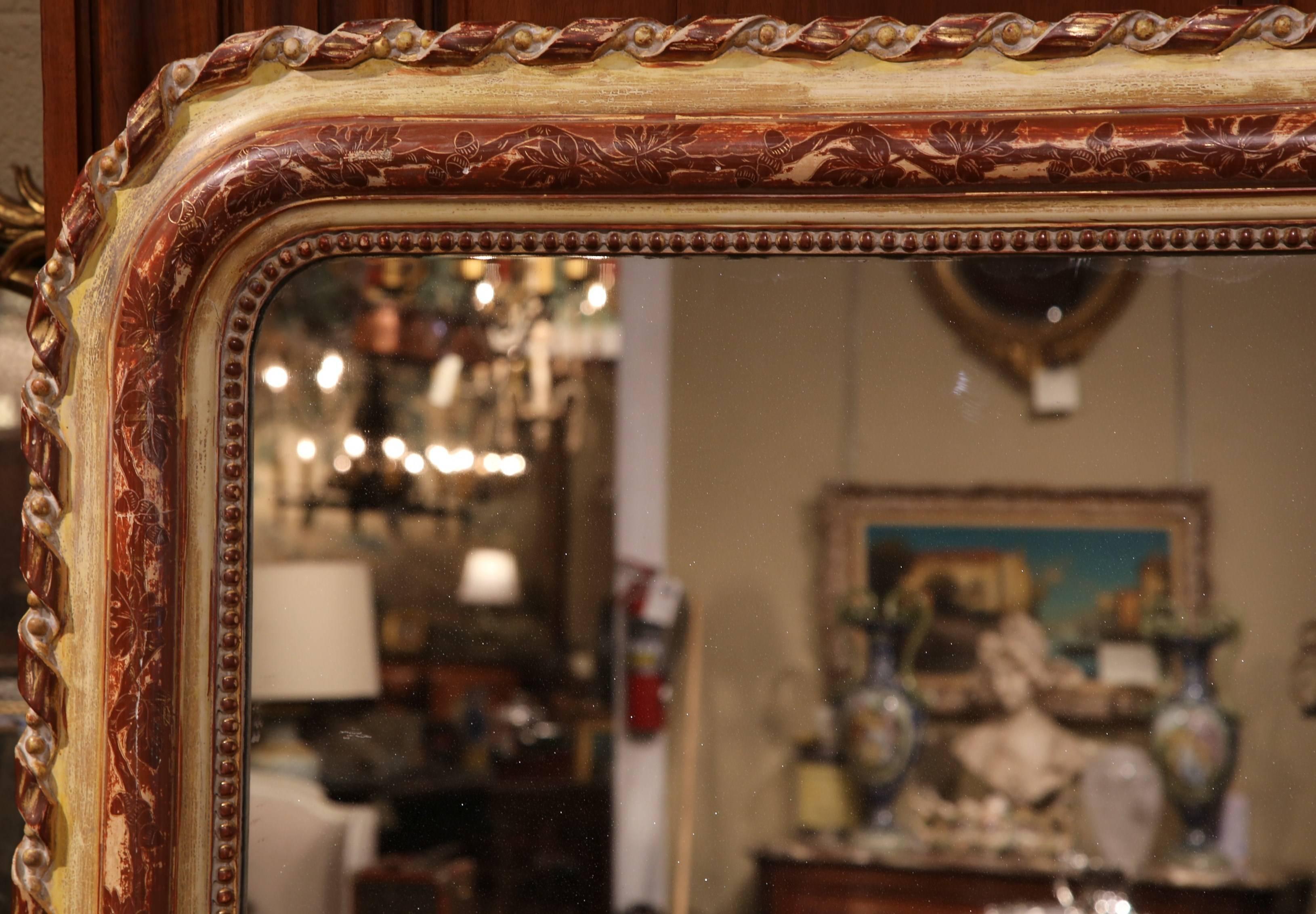 Hand-Carved Large Mid-19th Century French Louis Philippe Polychrome Mirror with Gilt and Red