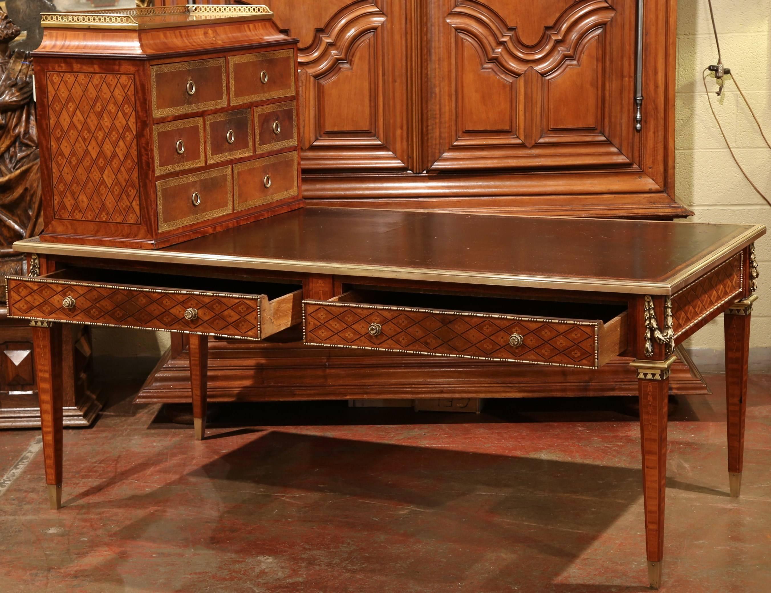 Hand-Carved 19th Century French Louis XVI Writing Desk with Black Leather Top and Cartonnier