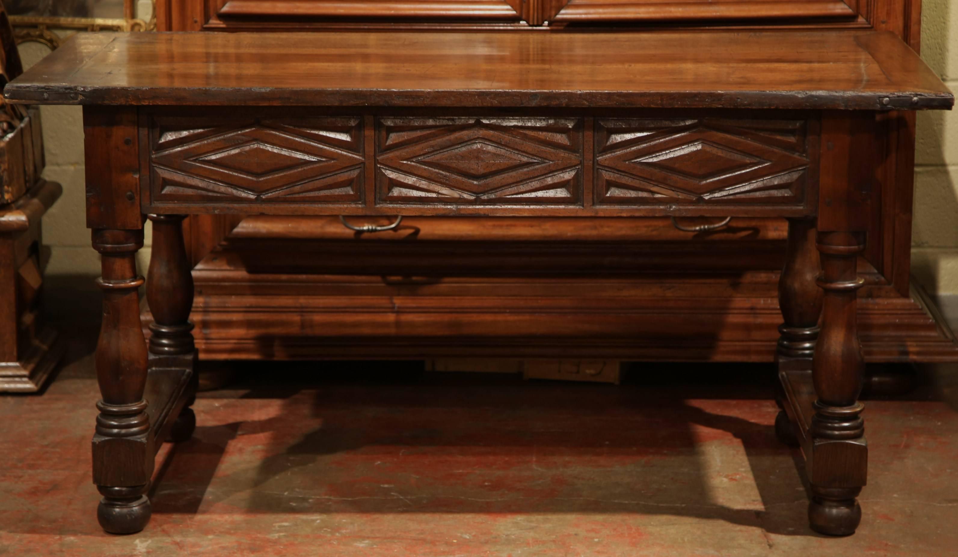 18th Century, Spanish Carved Walnut Two-Drawer Console Table with Turned Legs 1